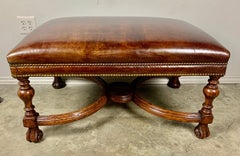 English Leather Walnut Bench W/ Nailhead Trim Detail