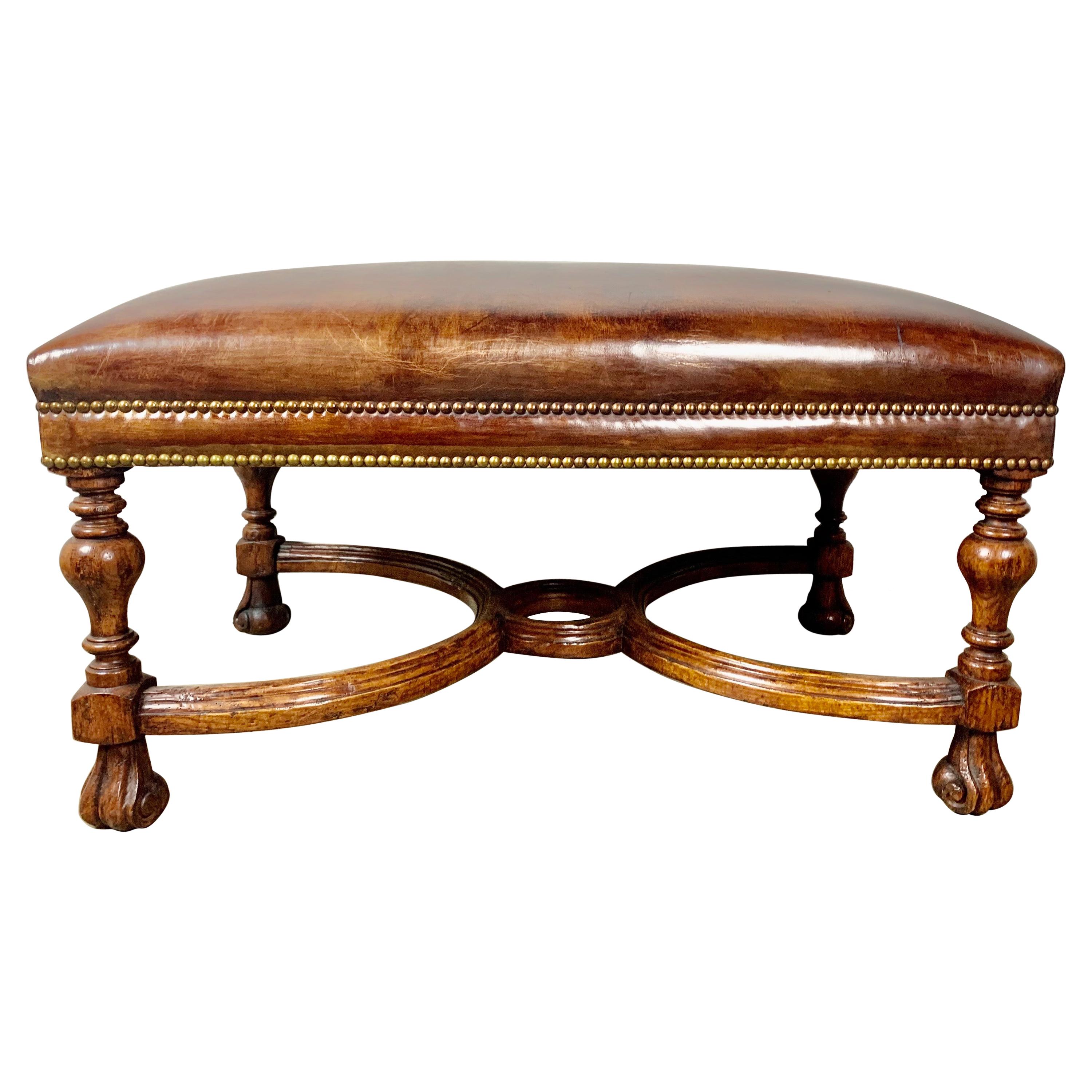 English Leather Walnut Bench W/ Nailhead Trim Detail