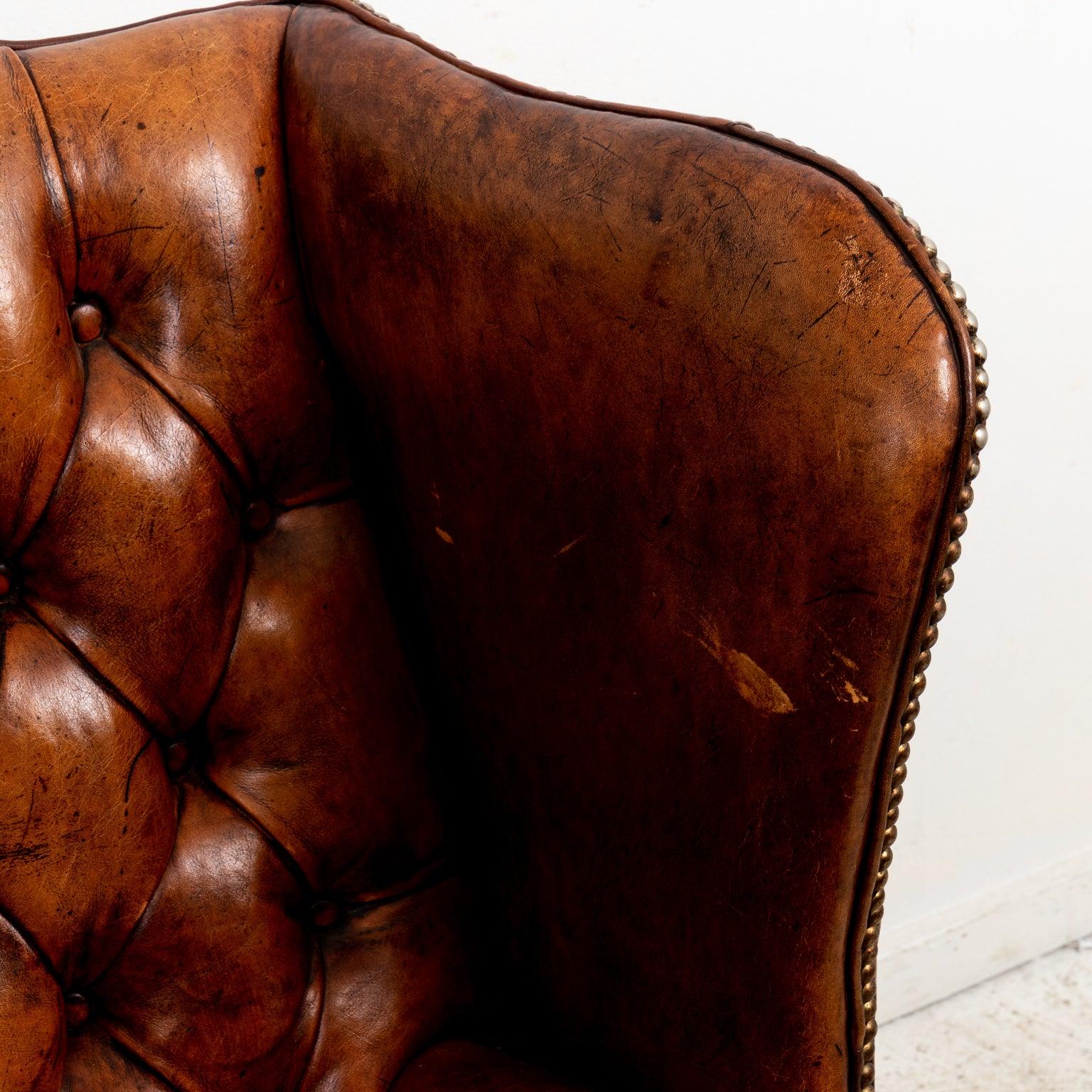 Victorian English Leather Wing Chair For Sale