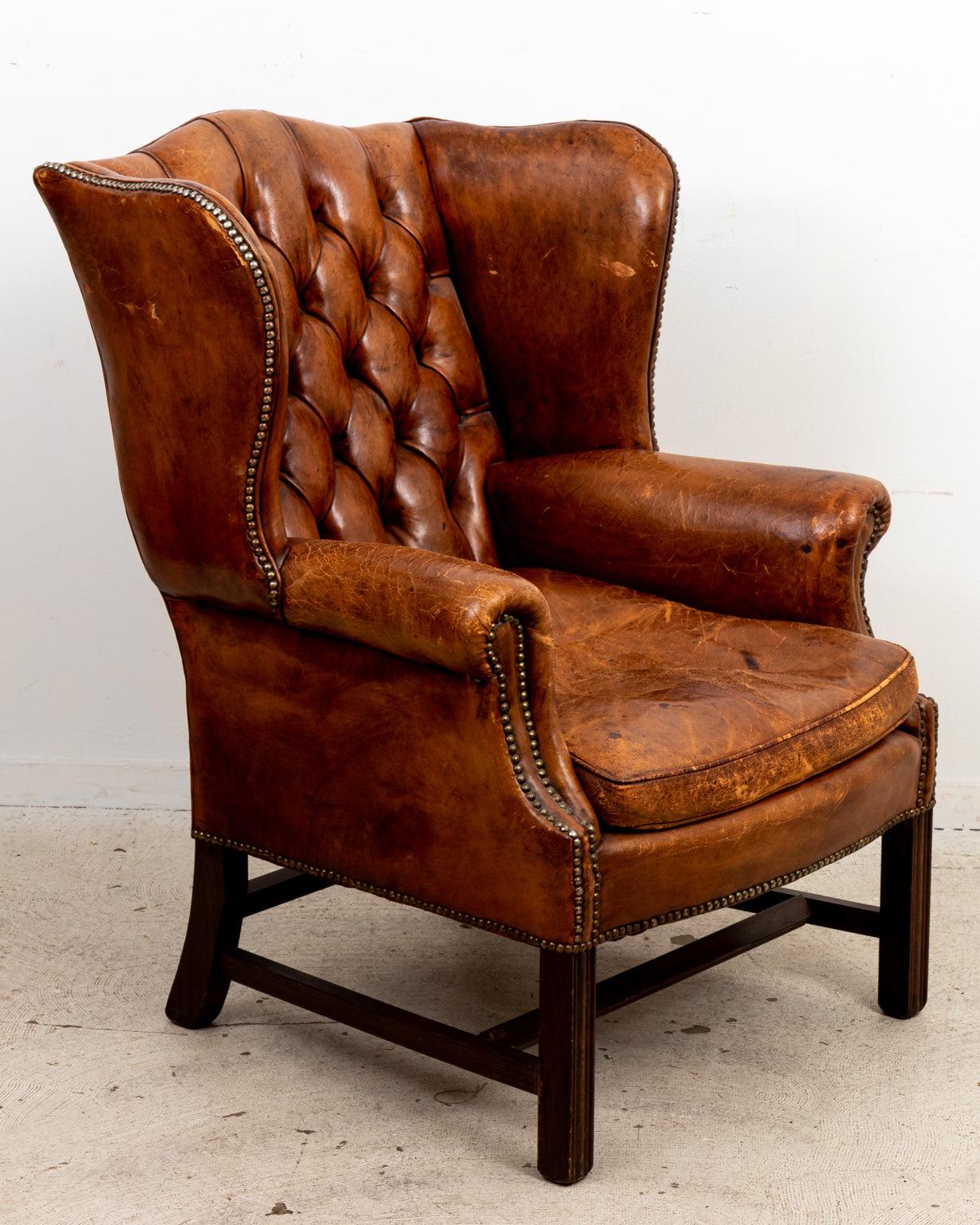 English Leather Wing Chair In Fair Condition For Sale In Stamford, CT