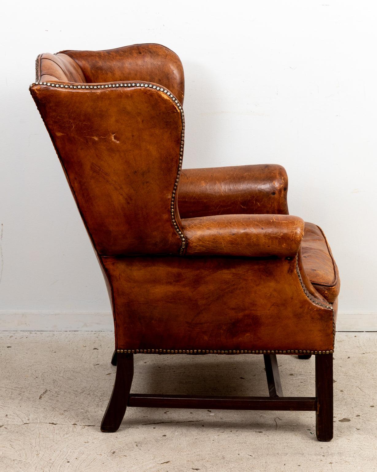 19th Century English Leather Wing Chair For Sale