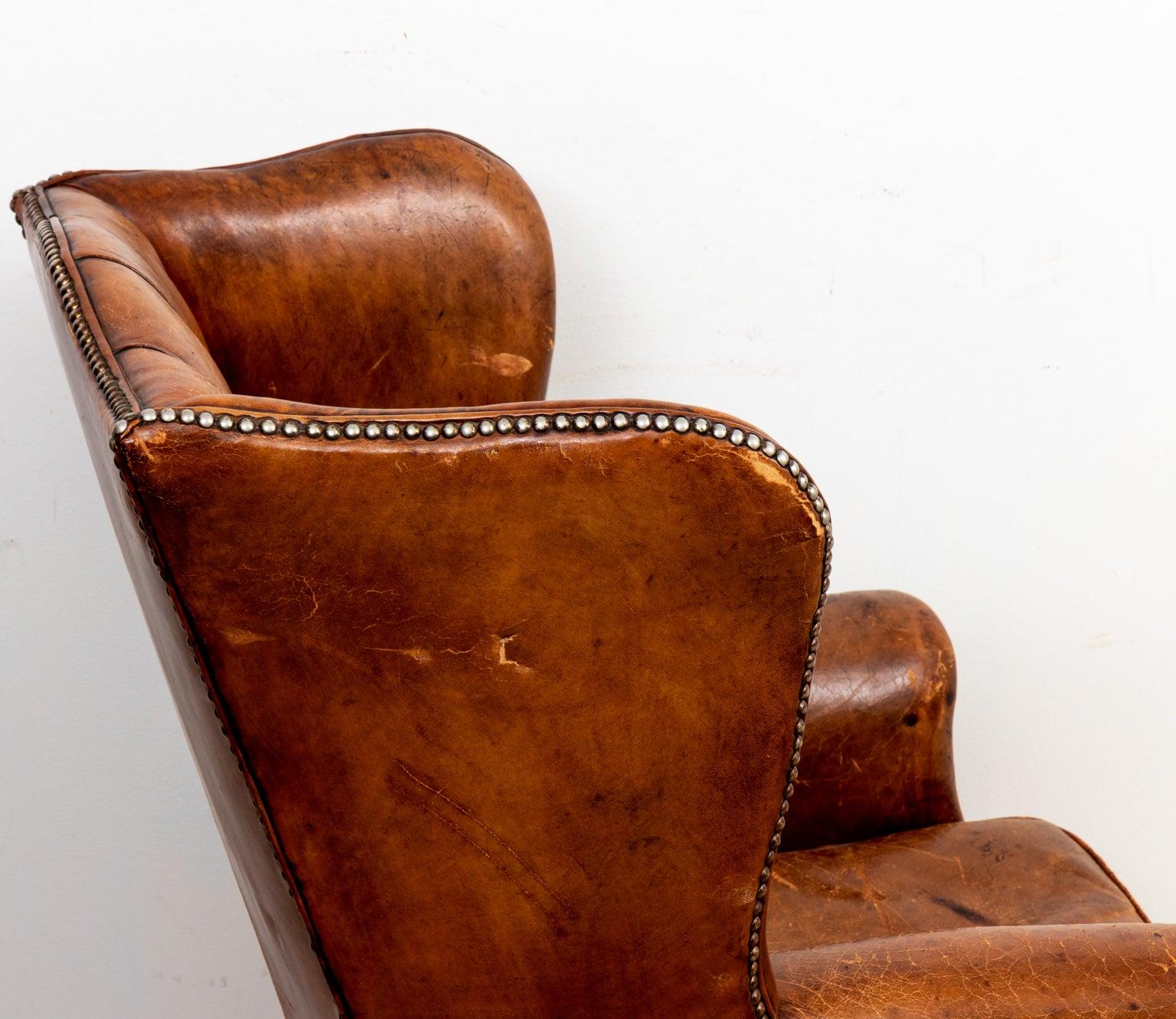 Wood English Leather Wing Chair For Sale