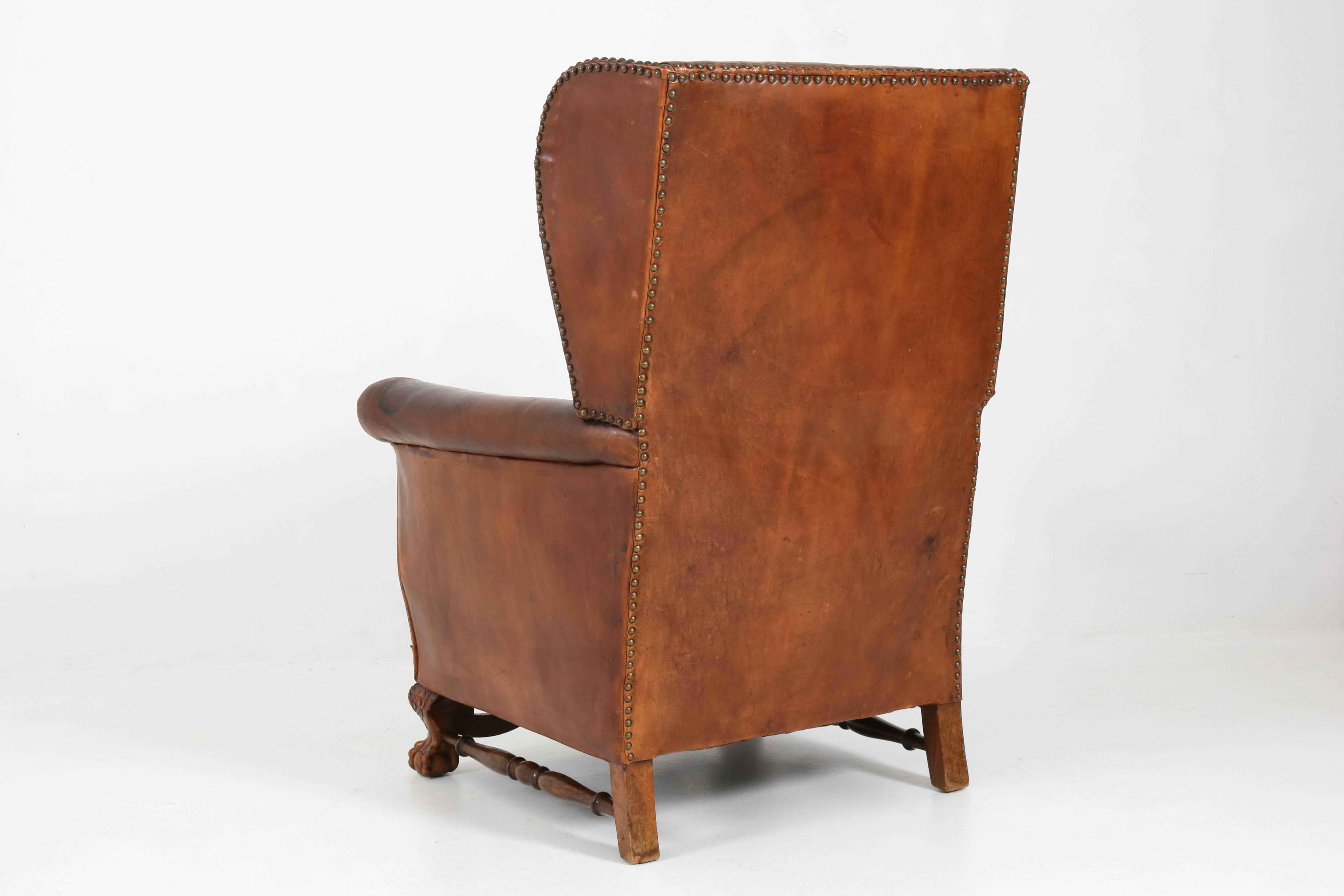 British English Leather Wingback Chair with Chippendale Ball Claw Feet, 1930s
