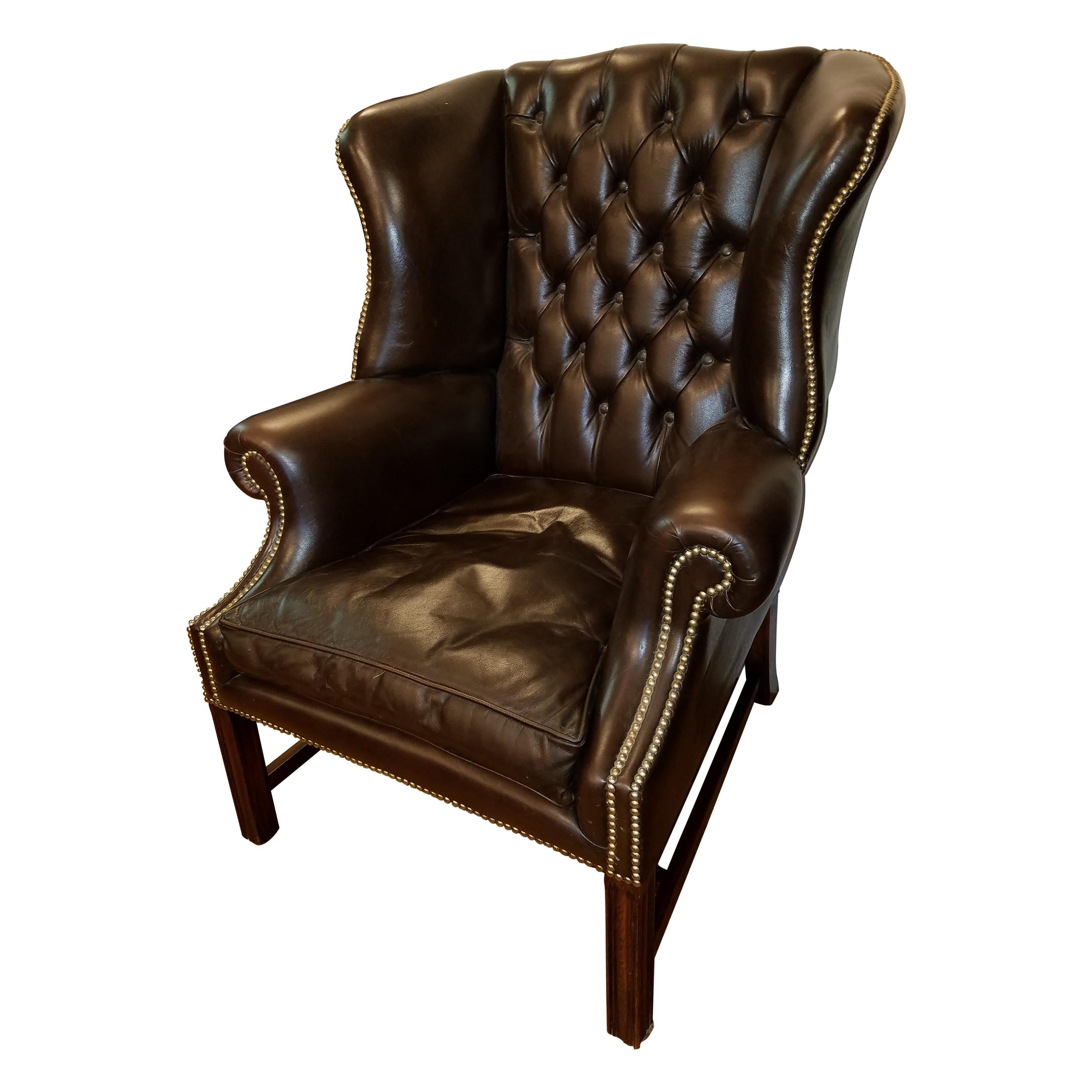English Leather Wingback Chair with Nailhead Trim