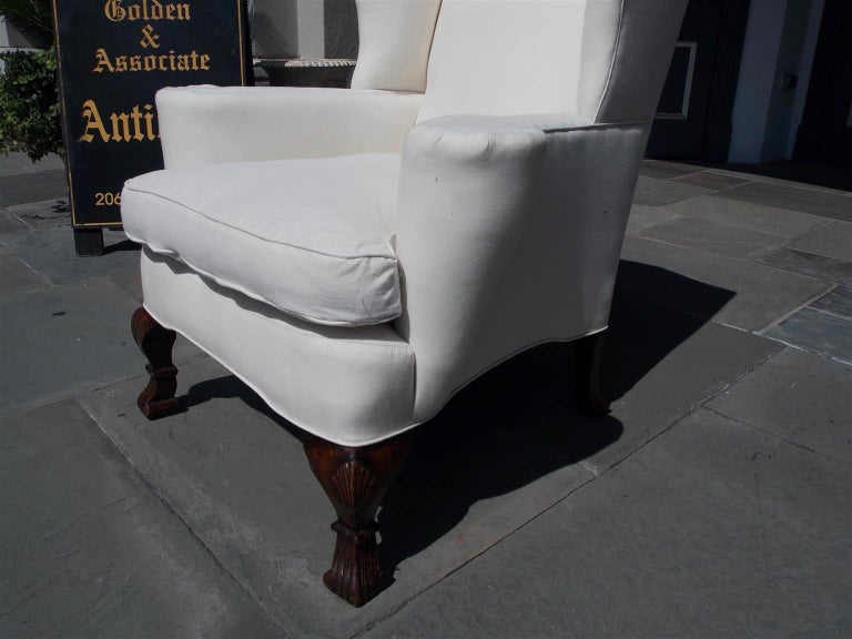 English Walnut Upholstered Wing Back Chair with Shell Knee and Spanish