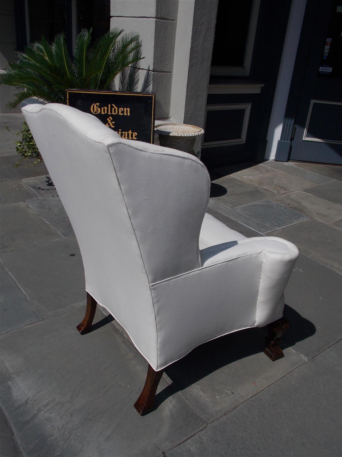 George II English Walnut Upholstered Wing Back Chair with Shell Knee & Spanish Feet C 1760 For Sale