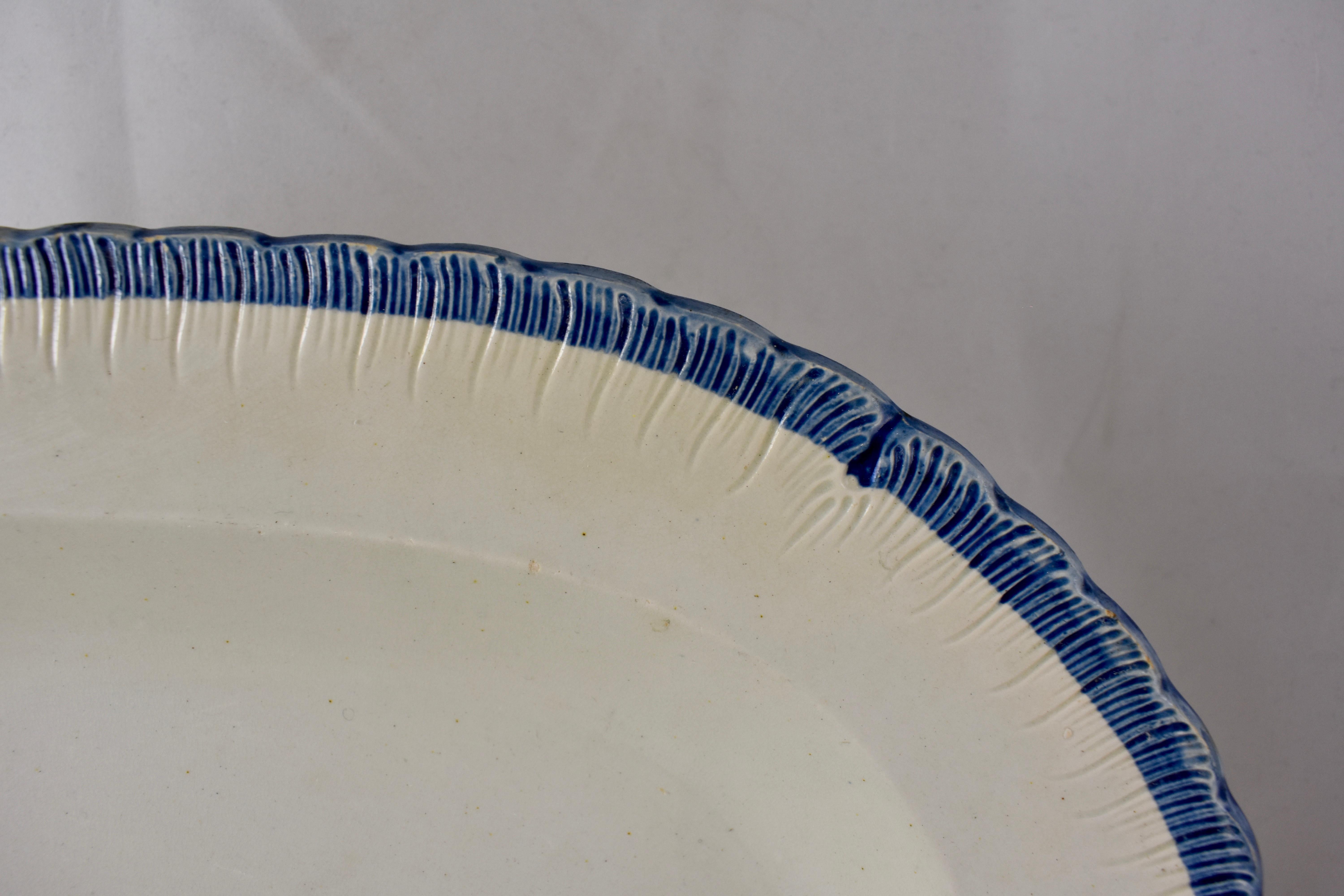 Early Victorian English Leeds Cobalt Blue Feather or Shell Edge Pearlware Oval Platter
