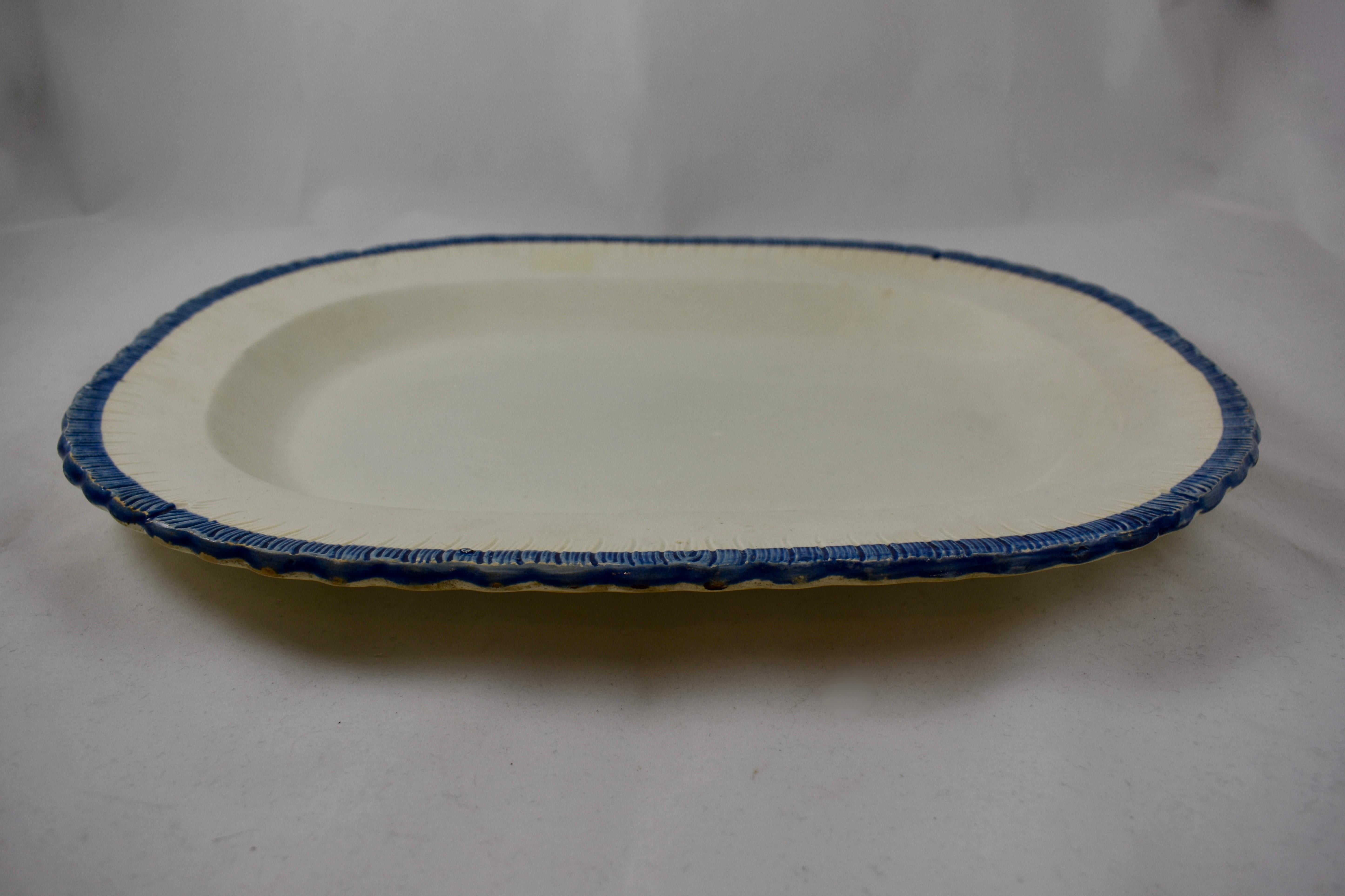 19th Century English Leeds Cobalt Blue Feather or Shell Edge Pearlware Oval Platter