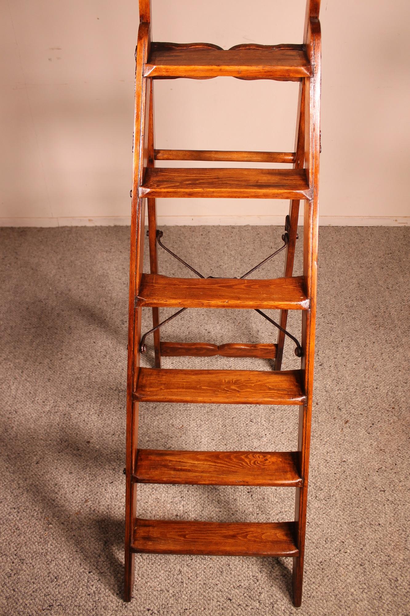 20th Century English Library Ladder in Wood and Wrought Iron