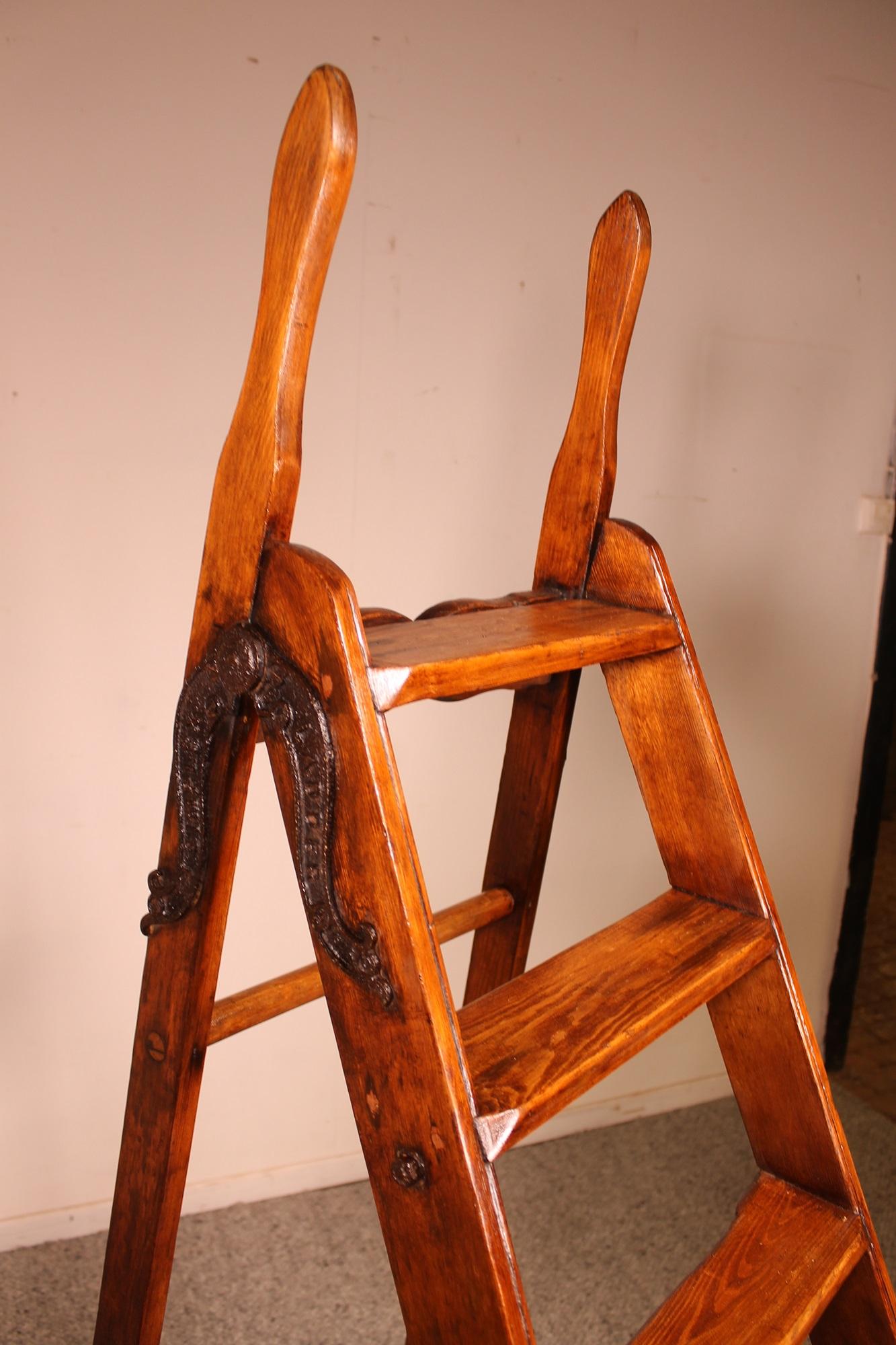 Hardwood English Library Ladder in Wood and Wrought Iron