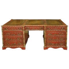 Antique English Library Pedestal Partners Desk with Chinoiserie Decoration, circa 1900