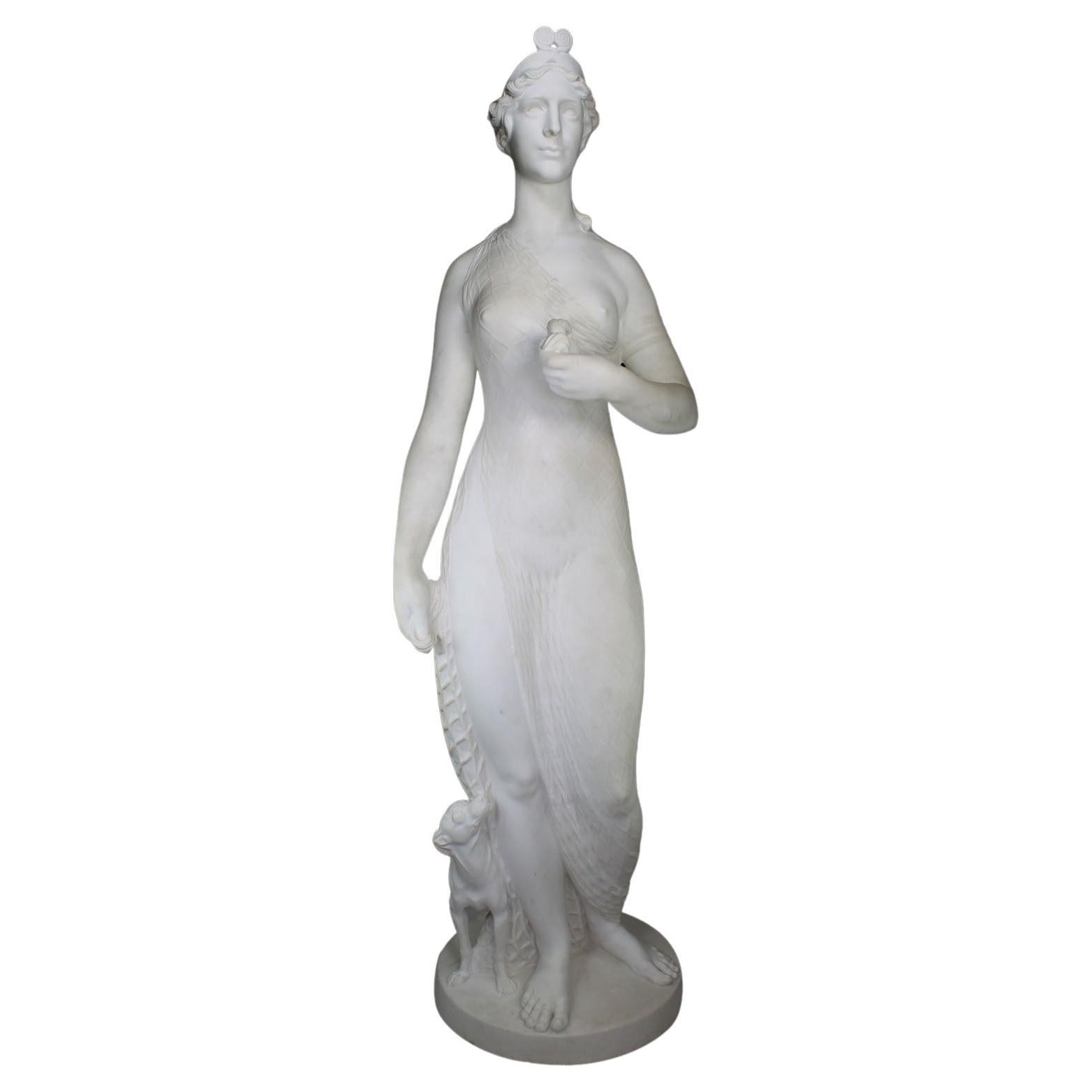 English Life-Size Neoclassical Revival Style White Marble Nude Maiden with Dog For Sale