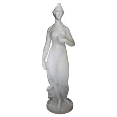English Life-Size Neoclassical Revival Style White Marble Nude Maiden with Dog