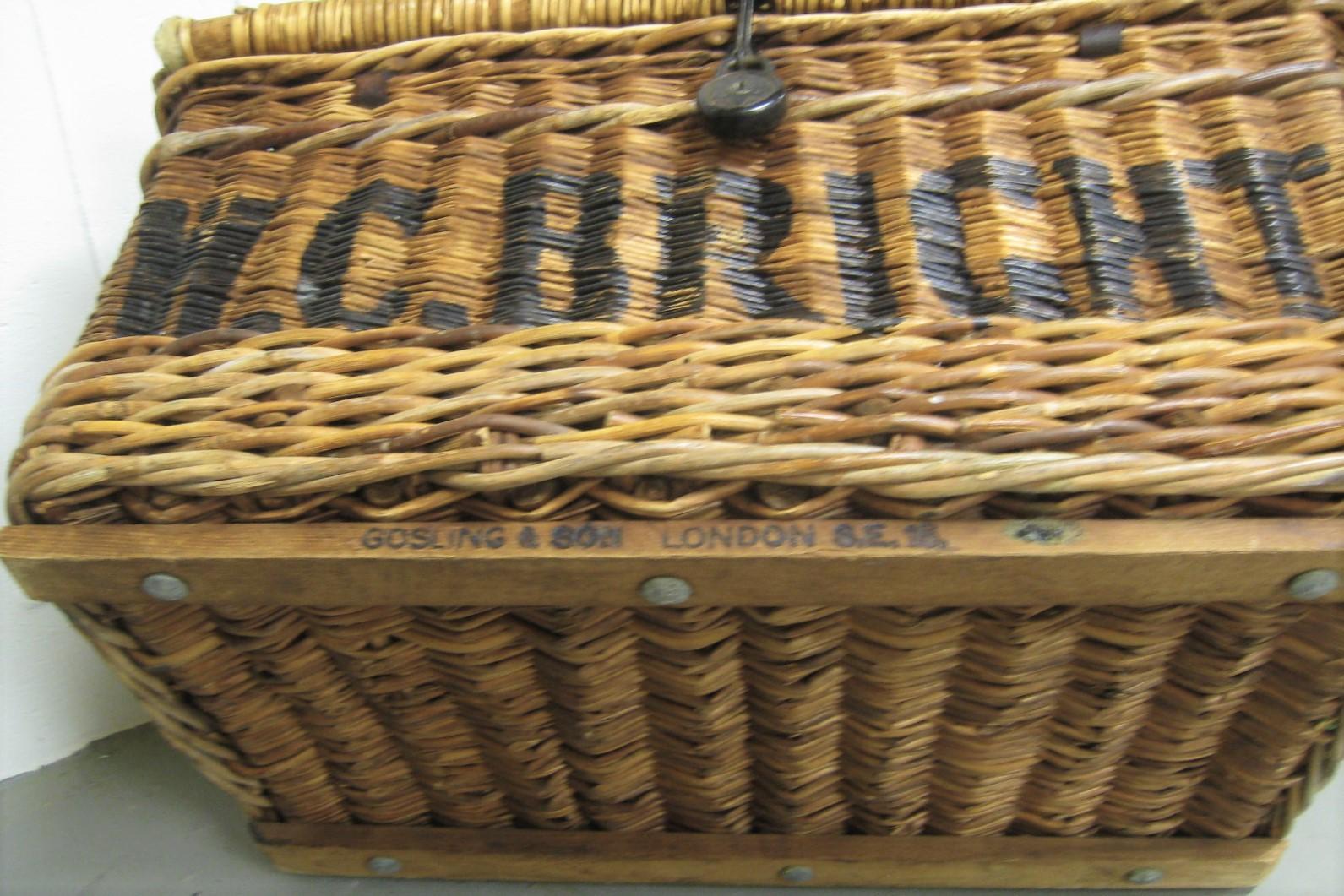 Arts and Crafts English Linen Basket circa 1920 Vintage Wicker Basket W.C. Bright For Sale