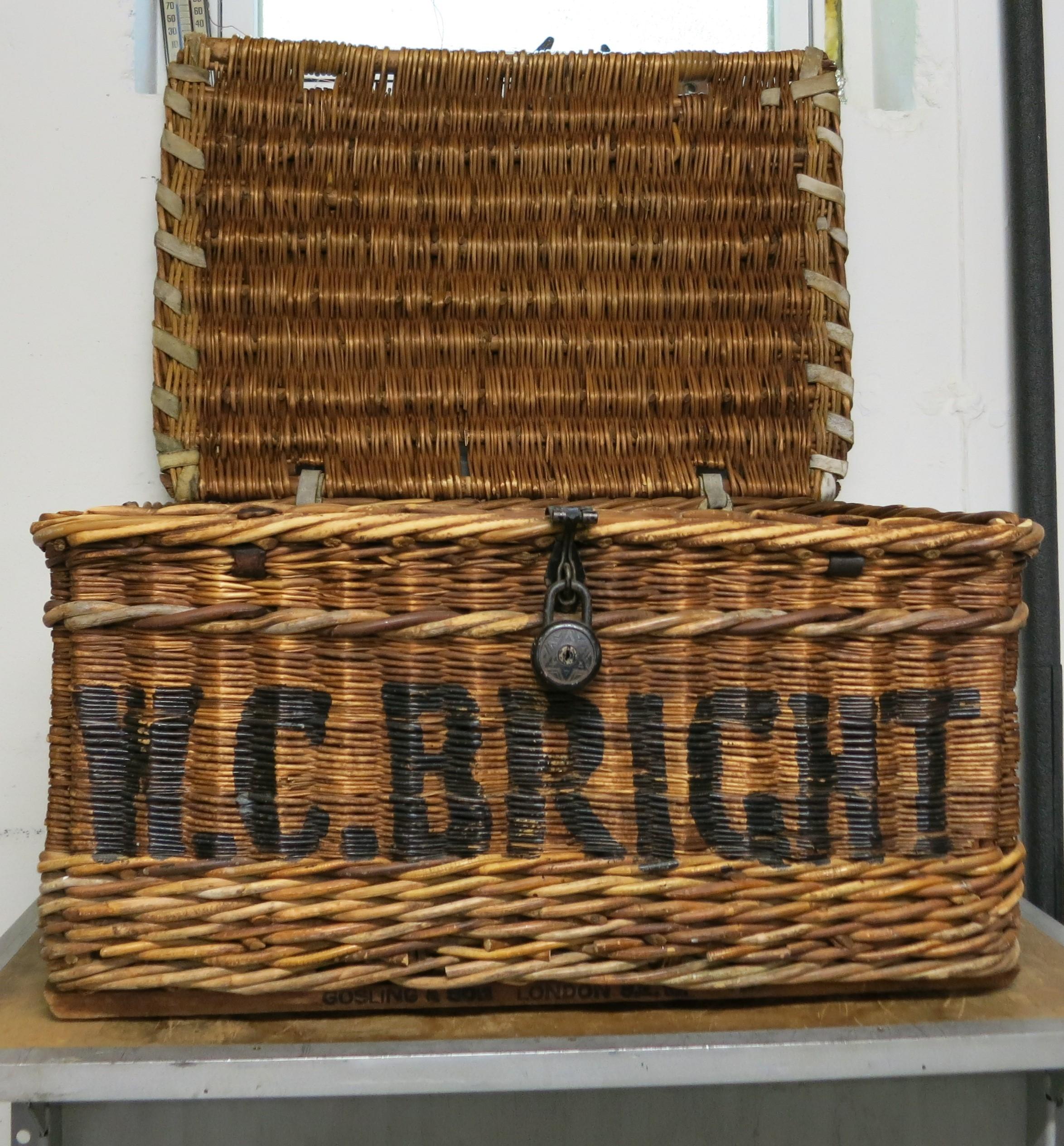 Early 20th Century English Linen Basket circa 1920 Vintage Wicker Basket W.C. Bright For Sale
