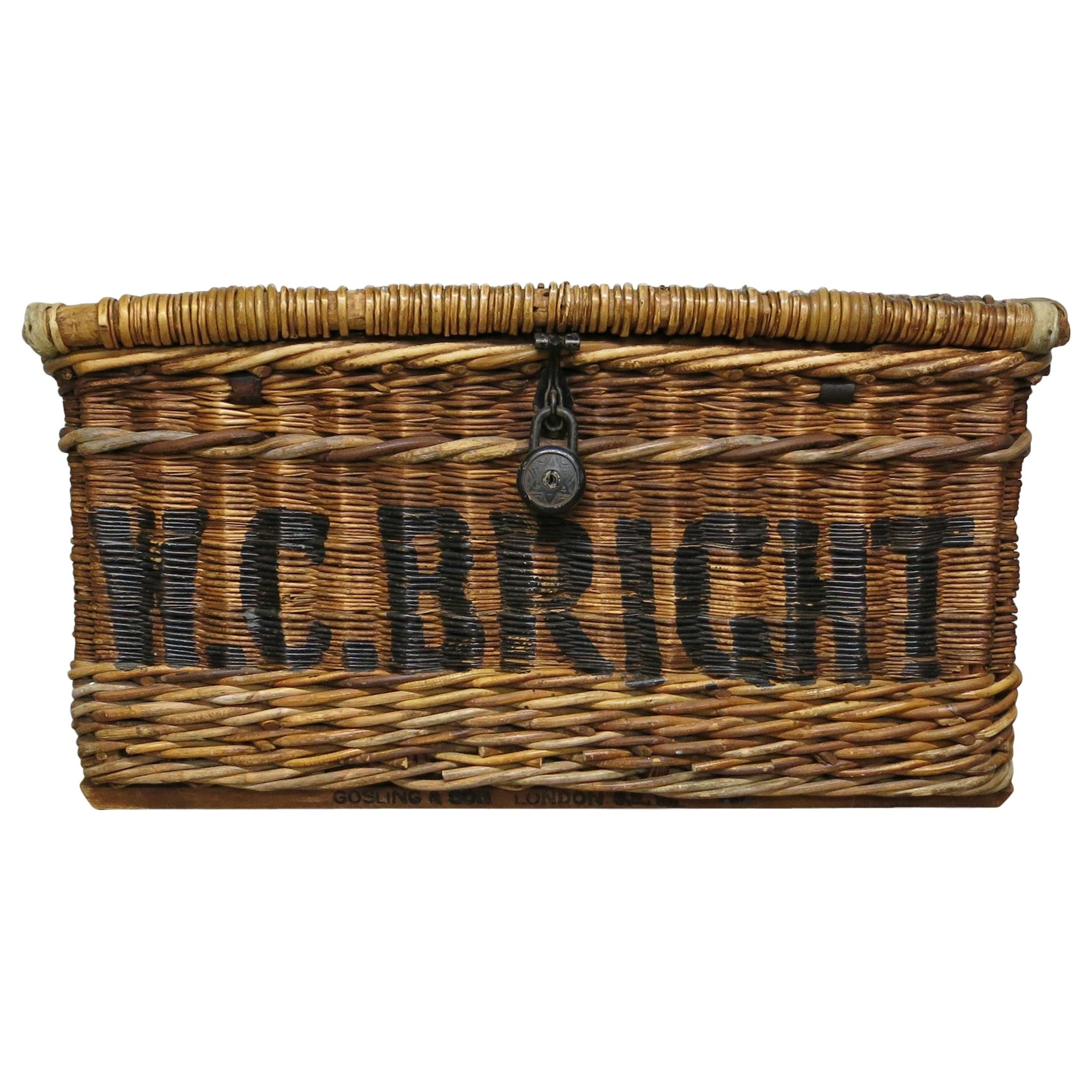 English Linen Basket circa 1920 Vintage Wicker Basket W.C. Bright For Sale