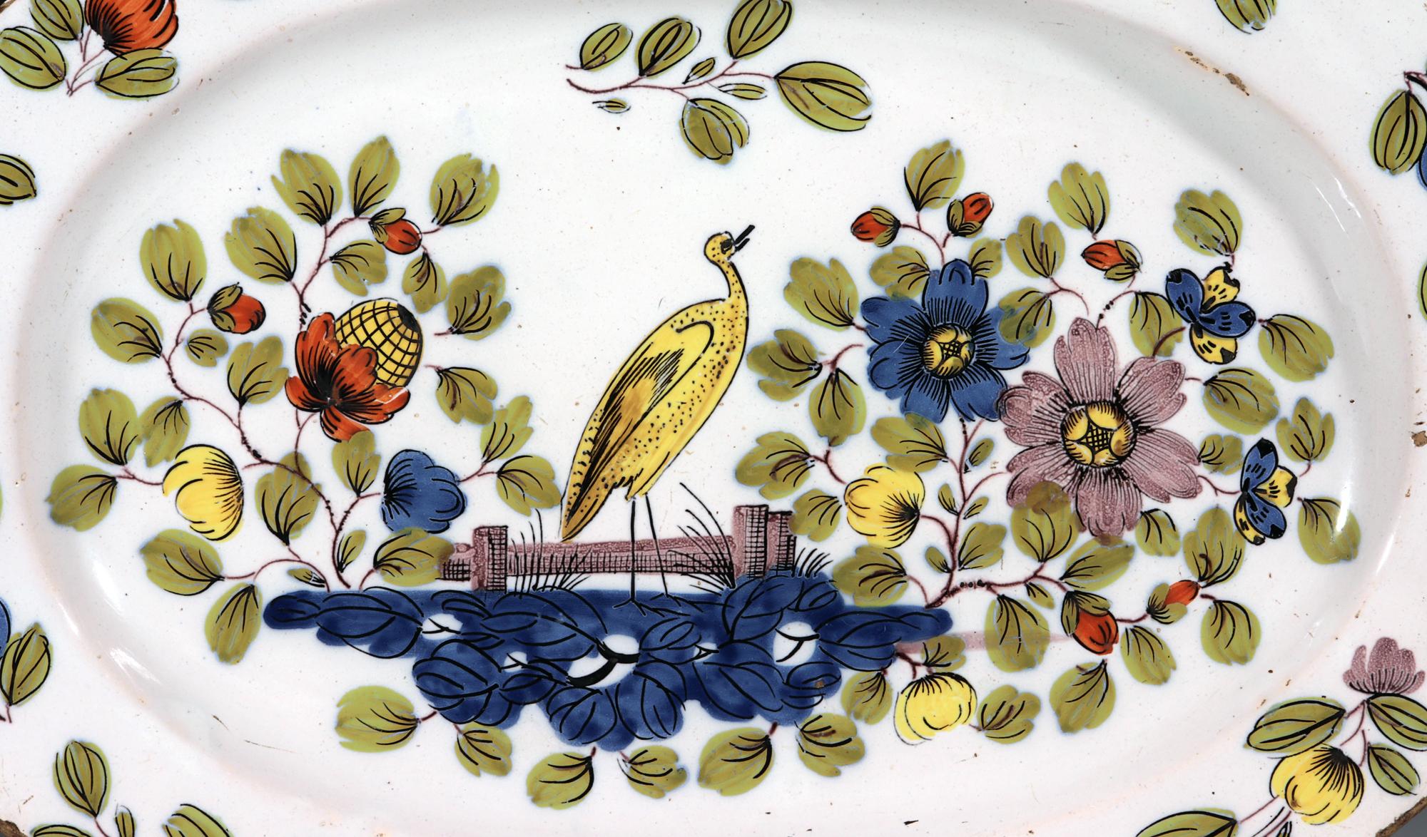 Georgian English Liverpool Delftware Fazackerly Large Dish with Bird