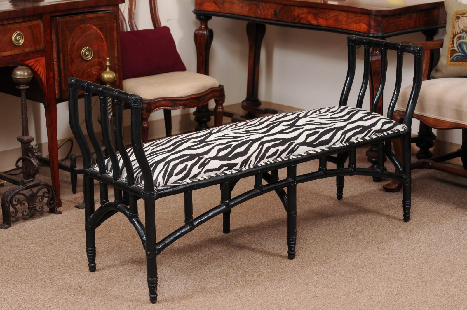 English Long Black Painted Faux Bamboo Bench, 20th Century For Sale 4
