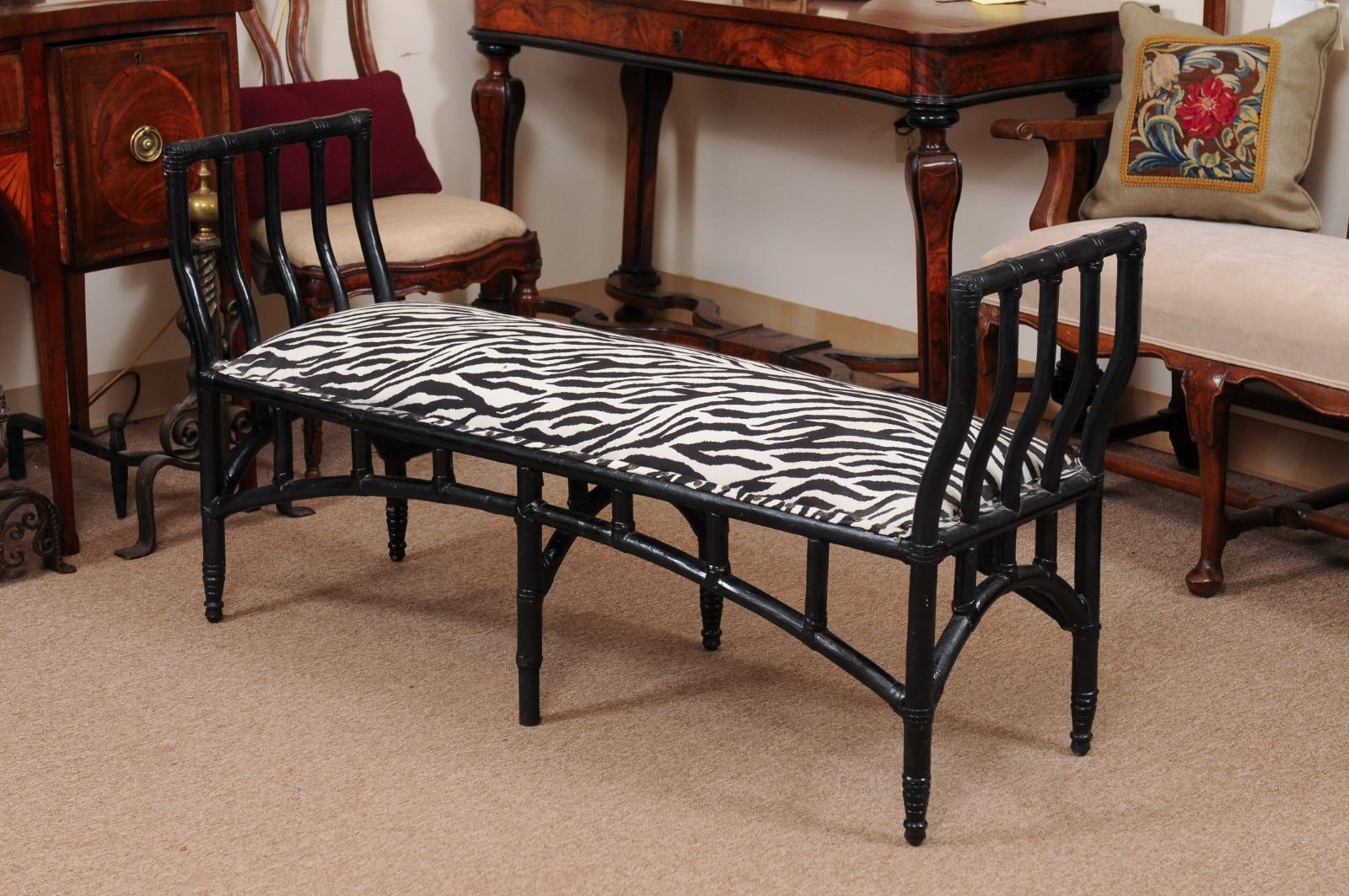 English Long Black Painted Faux Bamboo Bench, 20th Century For Sale 7
