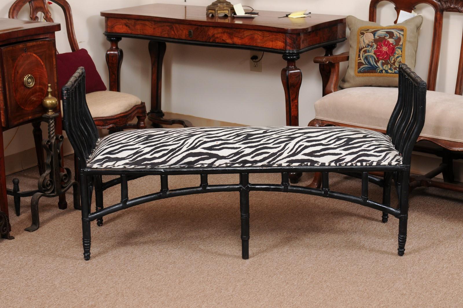 English Long Black Painted Faux Bamboo Bench, 20th Century For Sale 8