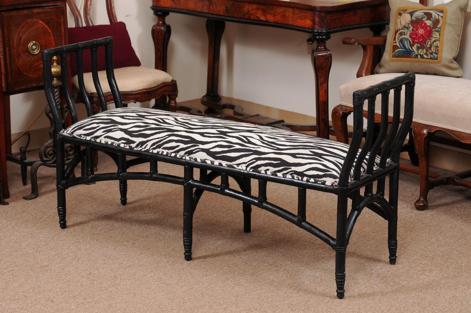 English Long Black Painted Faux Bamboo Bench, 20th Century For Sale 1