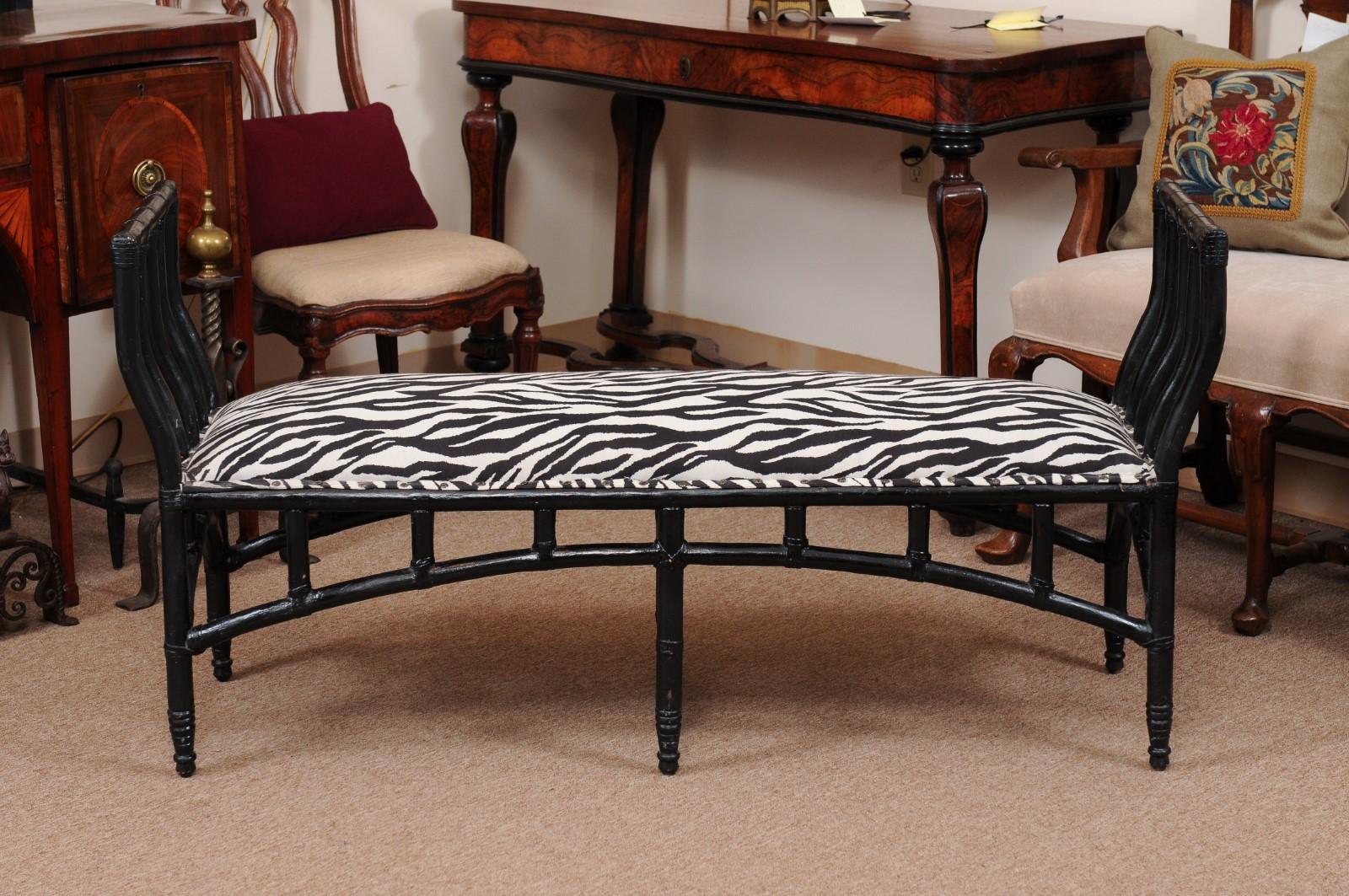 English Long Black Painted Faux Bamboo Bench, 20th Century For Sale 3