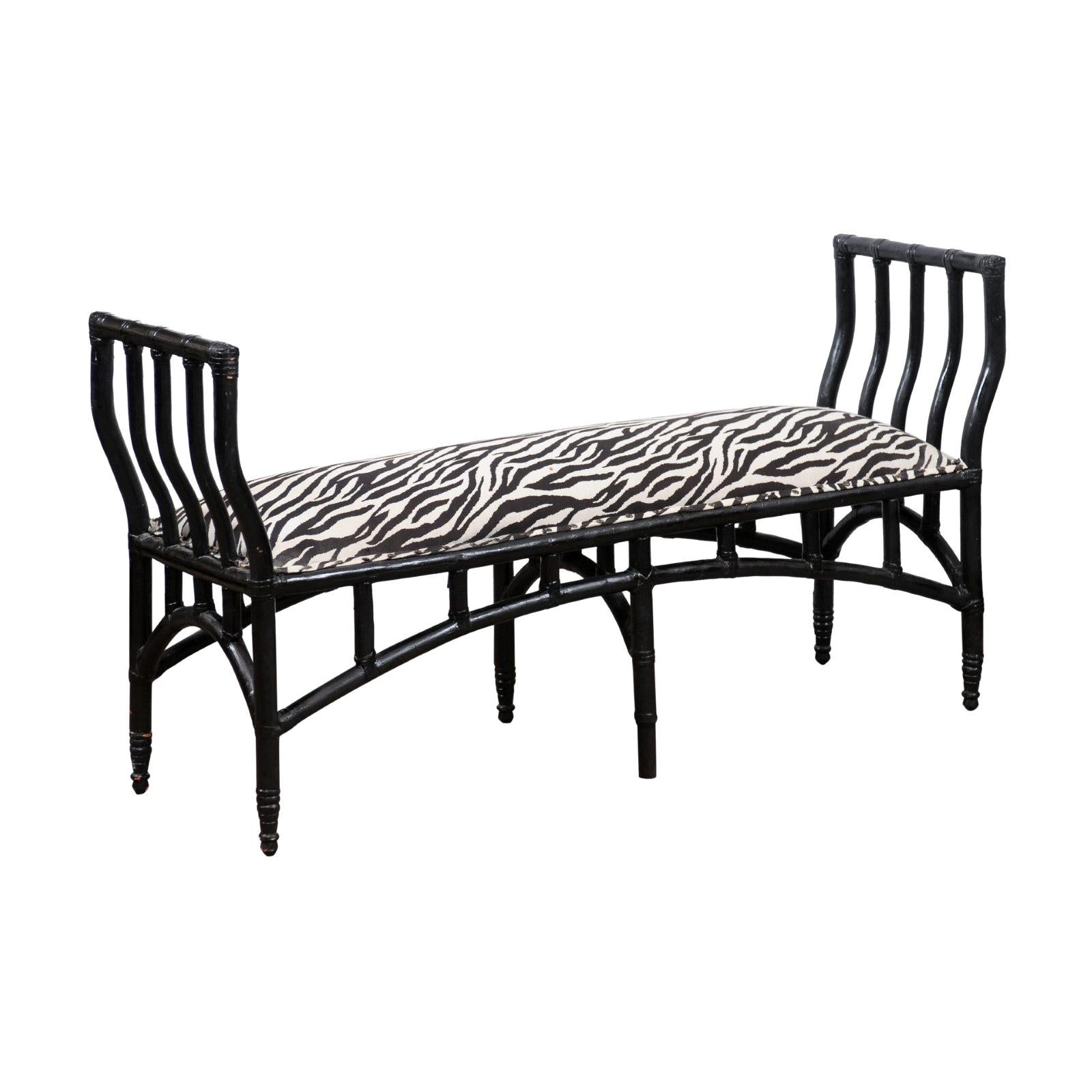English Long Black Painted Faux Bamboo Bench, 20th Century For Sale