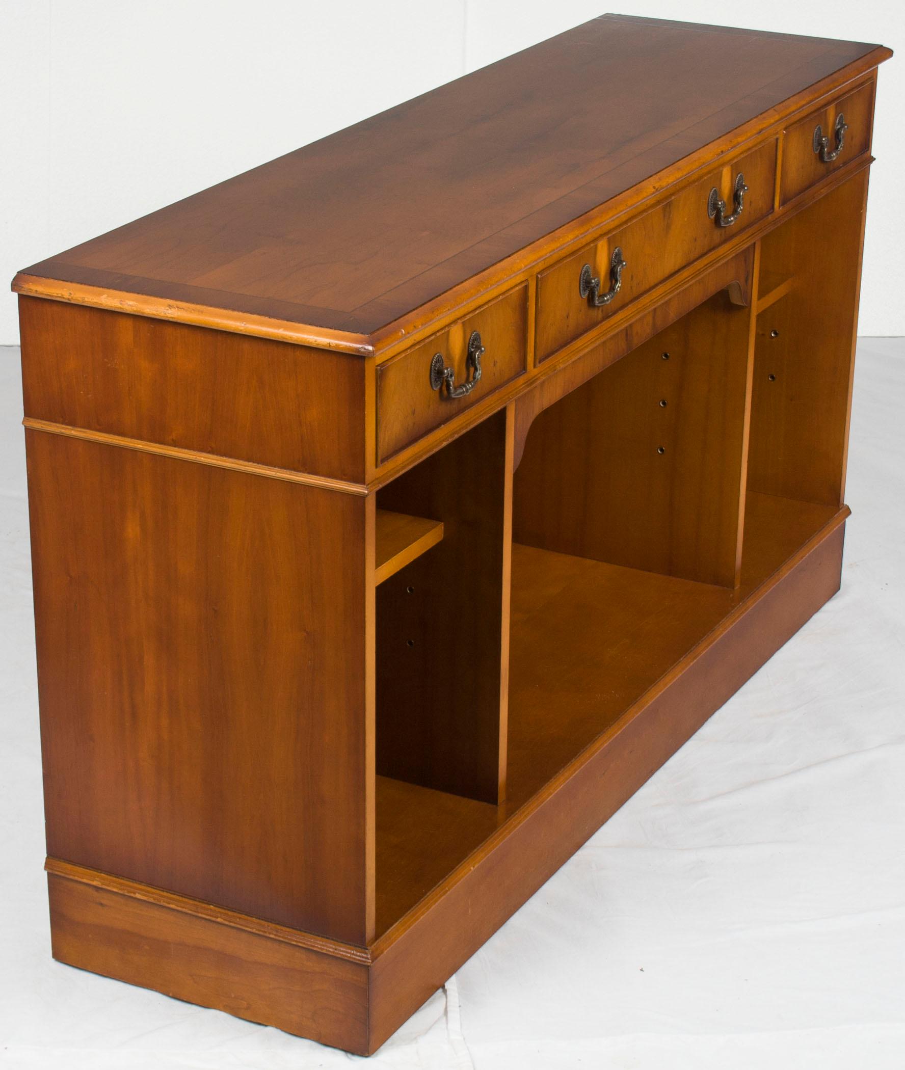 Yew English Low Short Open Bookcase Bookshelf with Drawers For Sale