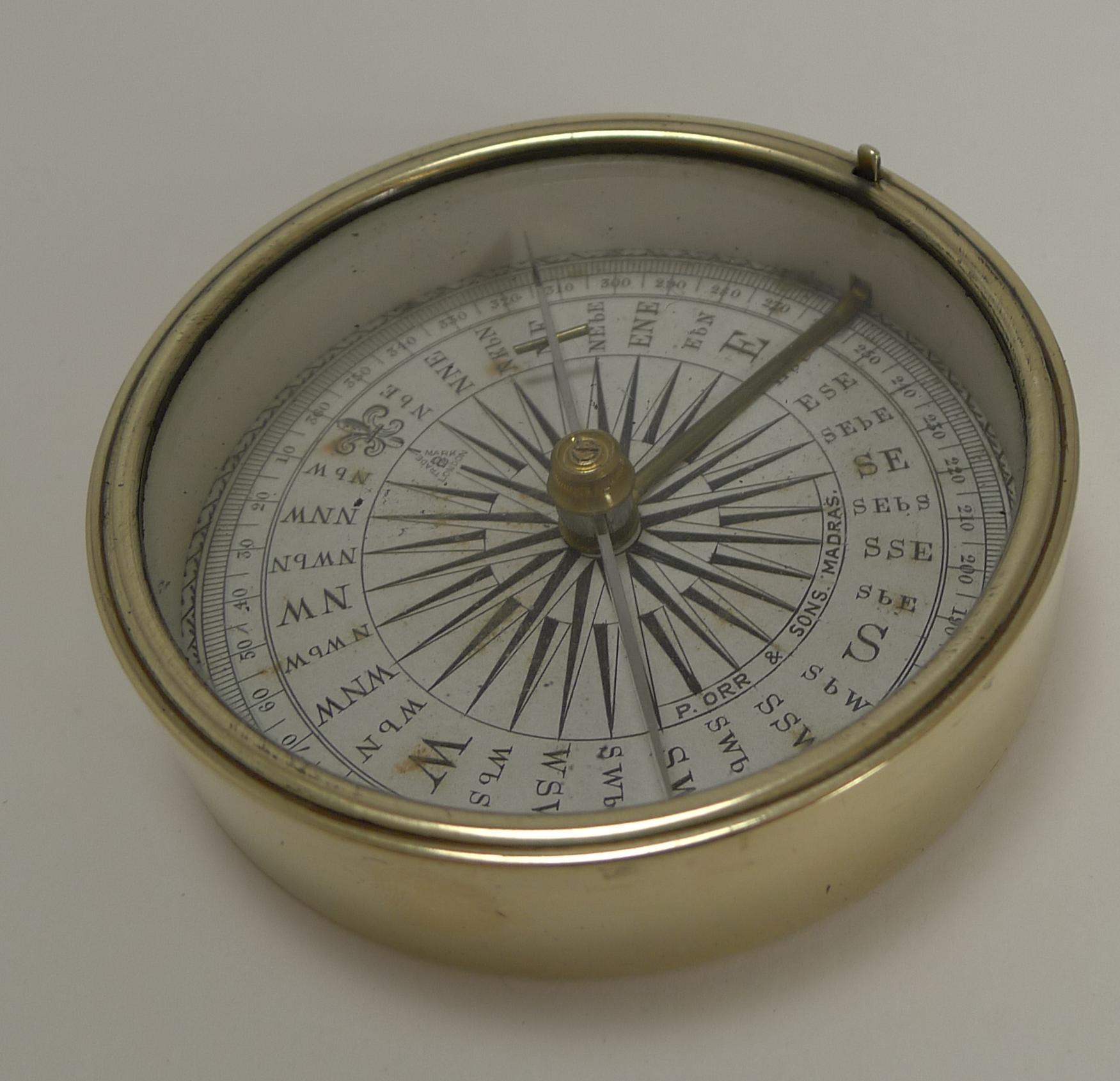 Late Victorian English Made Brass Cased Explorers Compass for Peter Orr, Madras, circa 1880