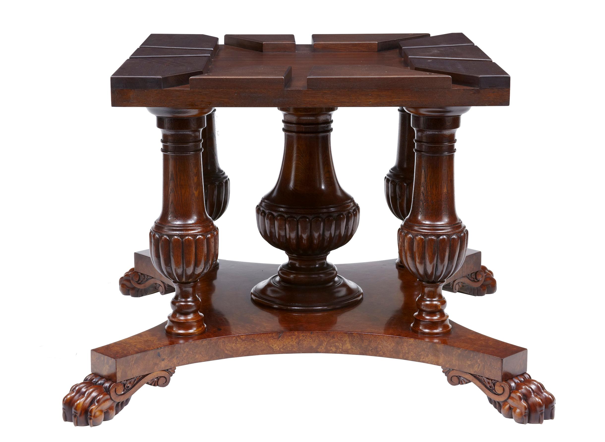 This is an example of a fine quality walnut veneered jupe table made in England. 

These tables take approximately 10 weeks to commission and make and can also be made with customer alterations and finishes.

Circular top with arranged segmented