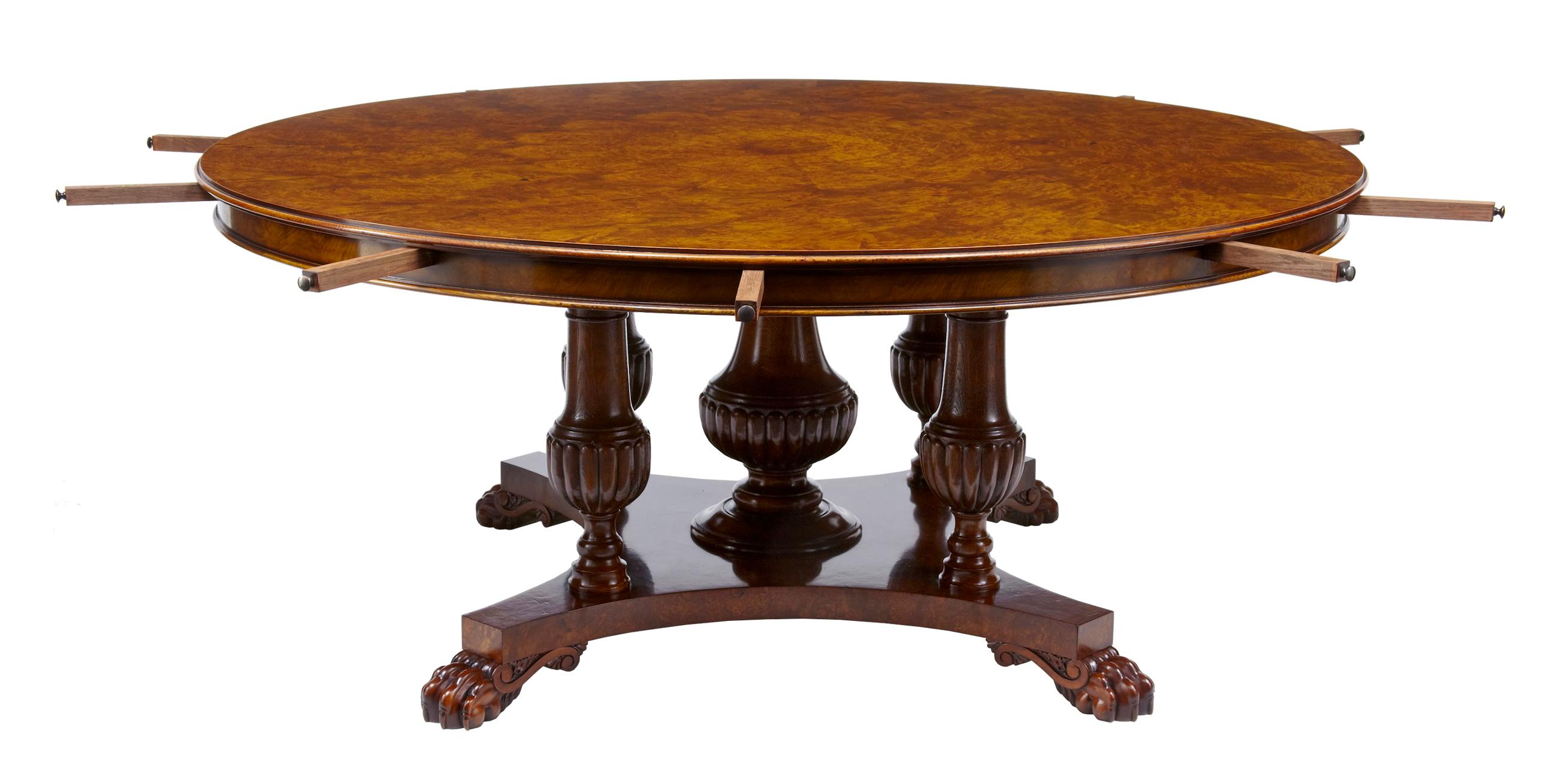 Brass English made carved walnut jupe dining table For Sale
