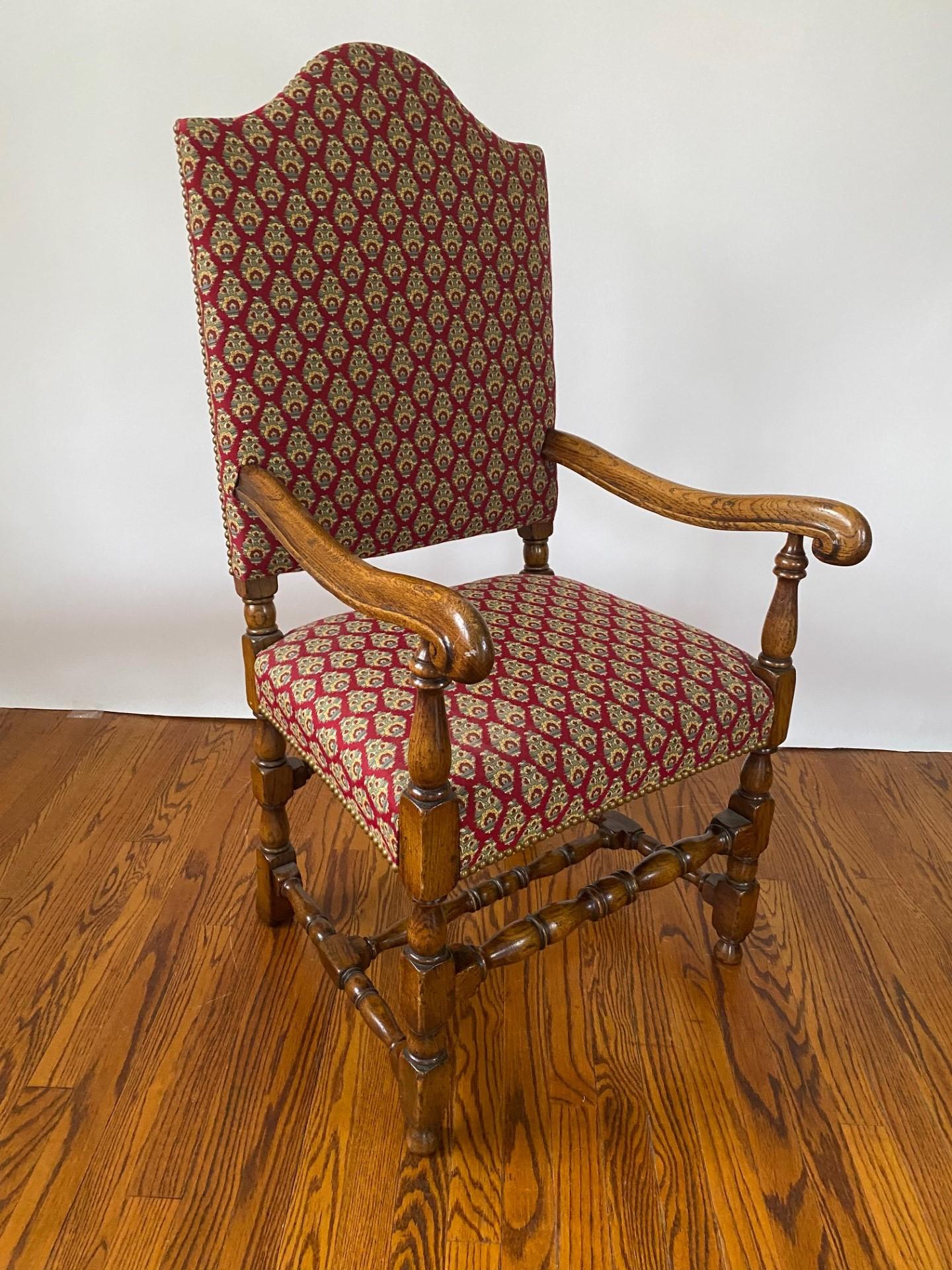 English-Made Late 17th Century Style Solid Oak High Back Side & Arm Chair In Excellent Condition For Sale In North Salem, NY