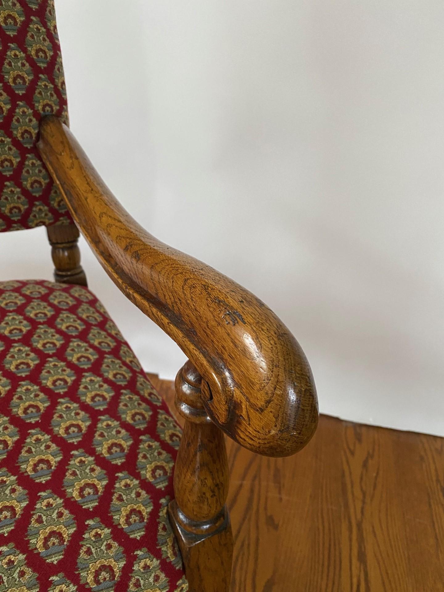 Fabric English-Made Late 17th Century Style Solid Oak High Back Side & Arm Chair For Sale