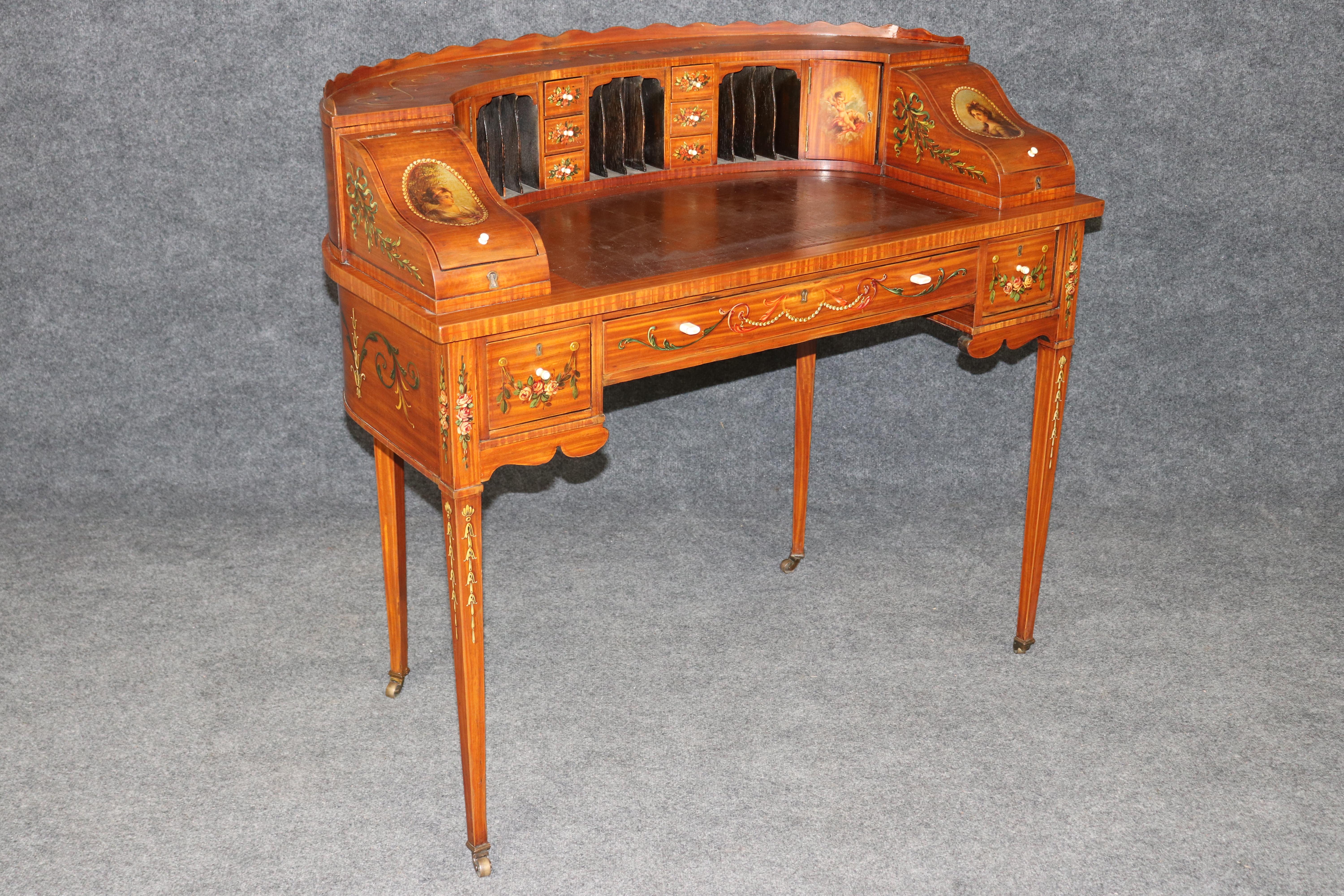 English Made Satinwood Adams Paint Decorated Carlton House Desk With Cubbies in vendita 3