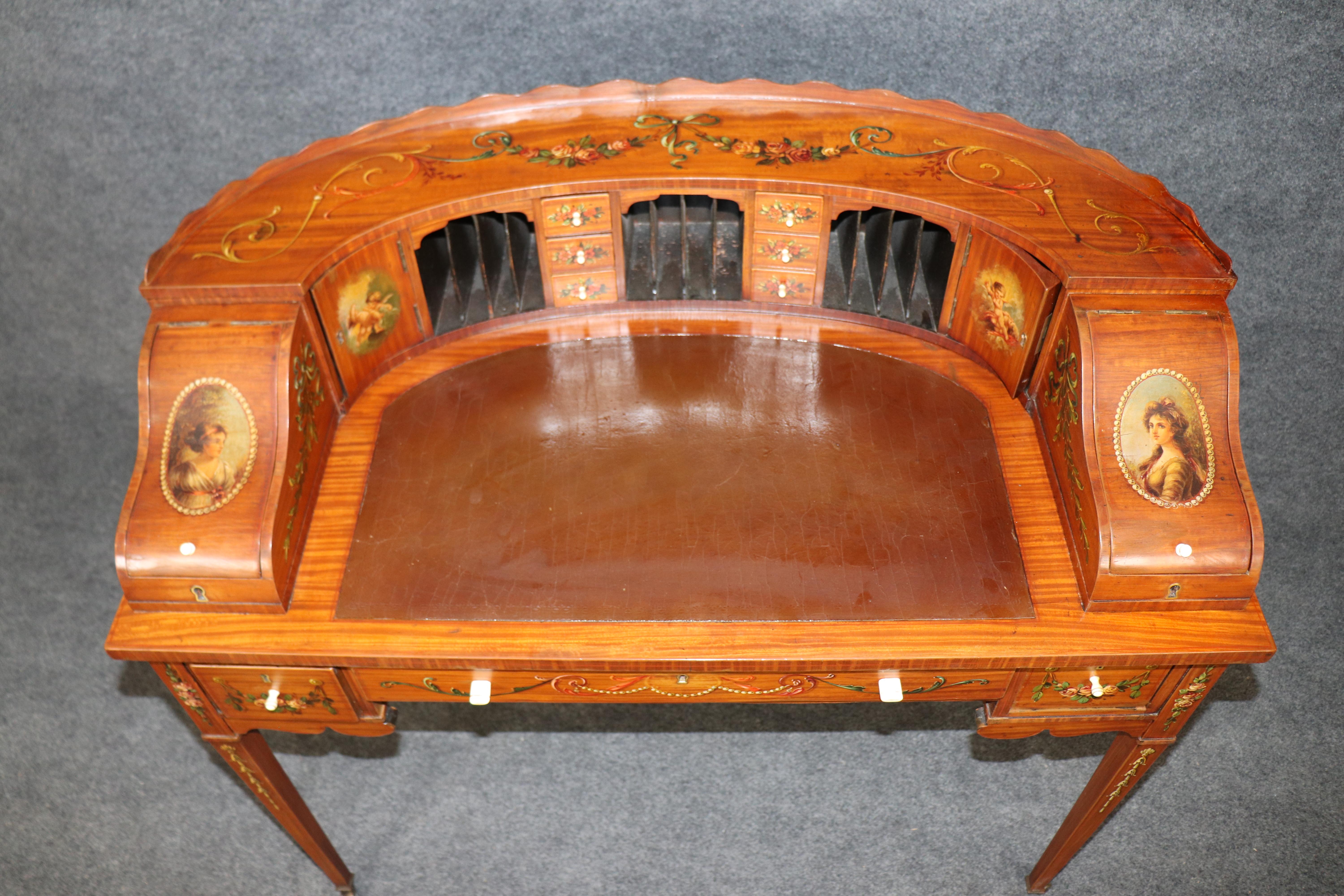 Stile Adam English Made Satinwood Adams Paint Decorated Carlton House Desk With Cubbies in vendita