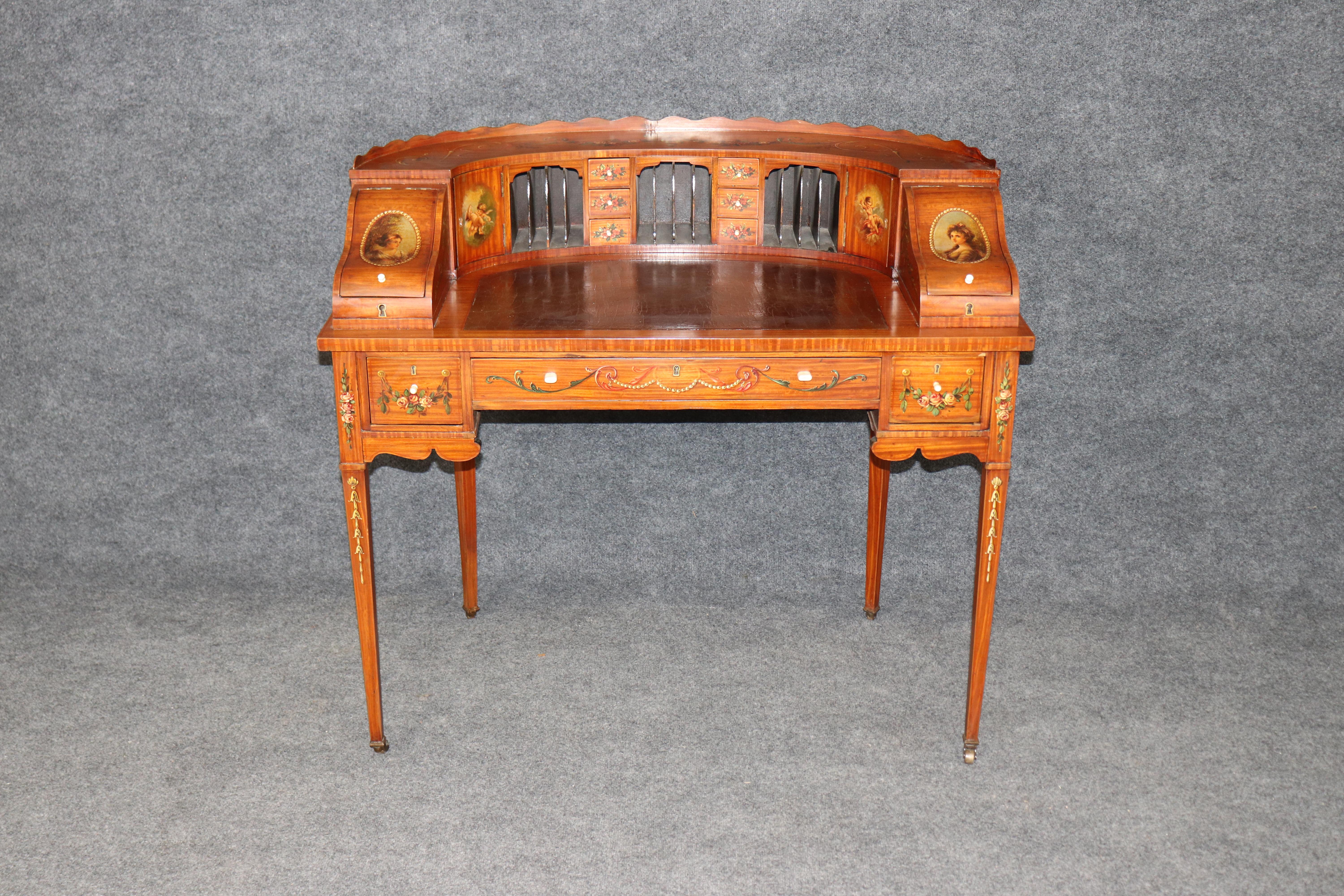 Inizio XX secolo English Made Satinwood Adams Paint Decorated Carlton House Desk With Cubbies in vendita