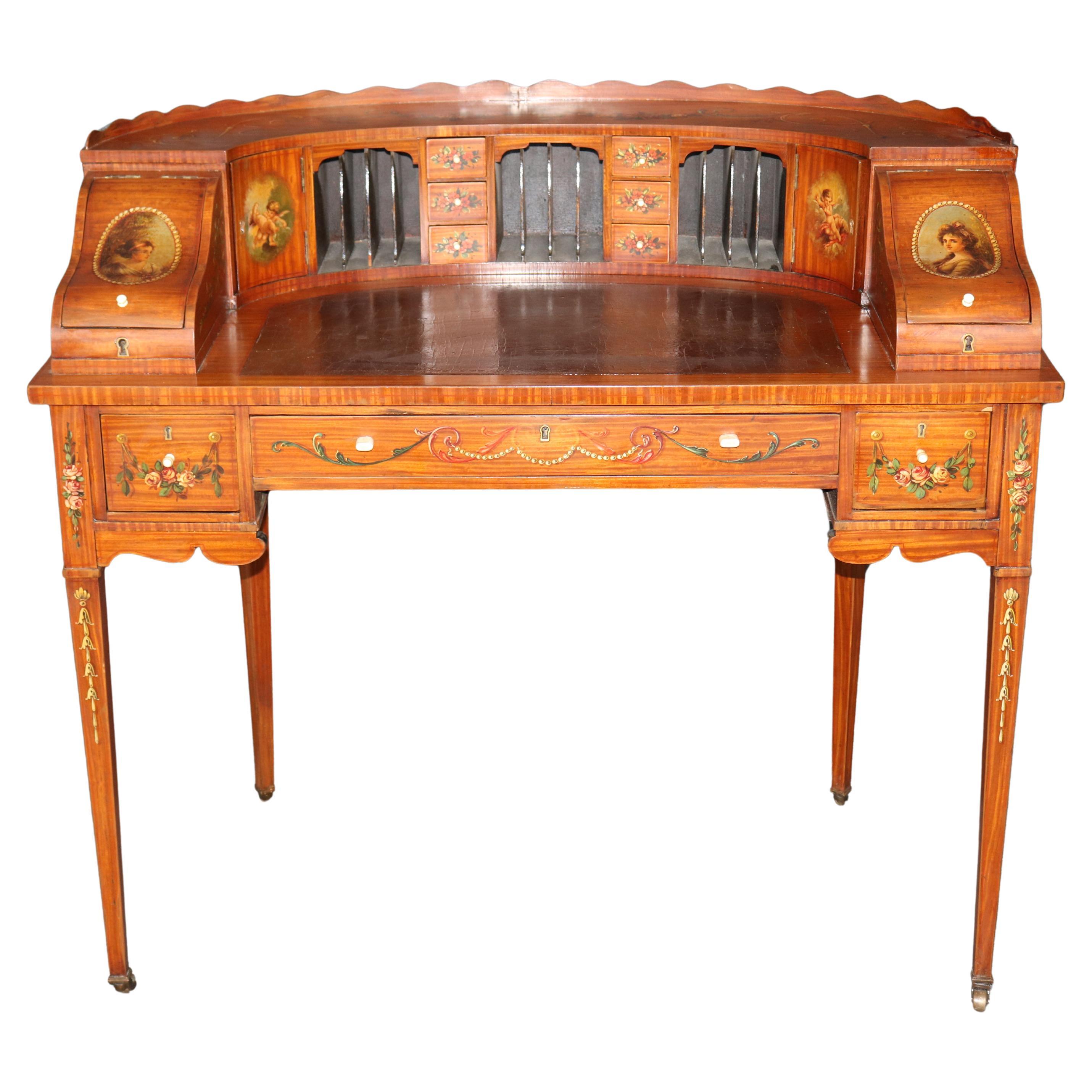 English Made Satinwood Adams Paint Decorated Carlton House Desk With Cubbies