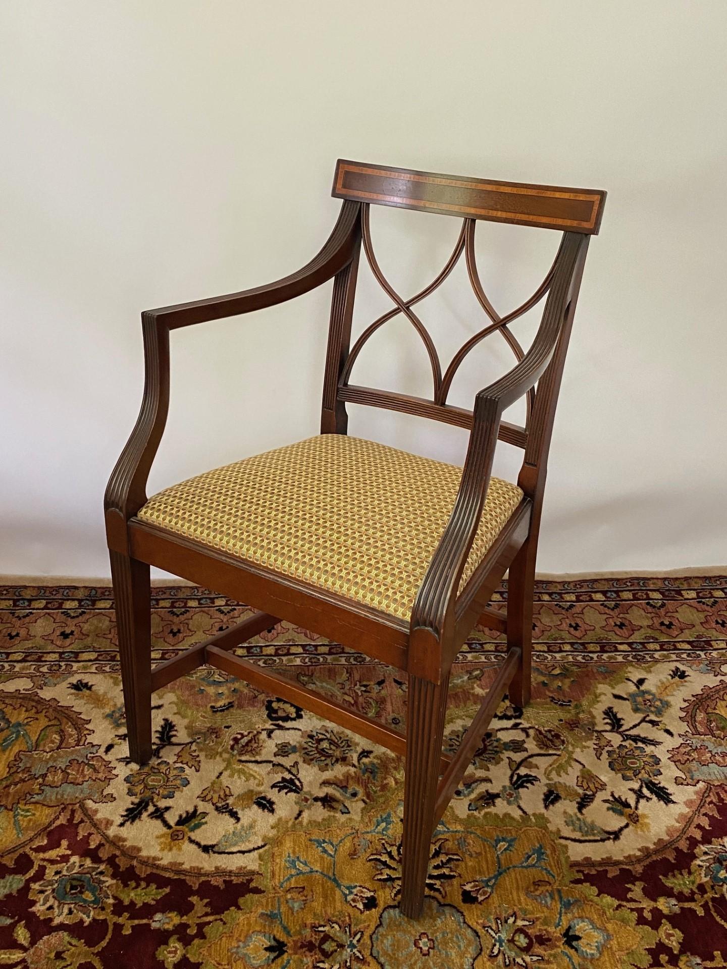 English-Made Sheraton Style Mahogany Armchair with Tulipwood Inaly. In Stock For Sale 4