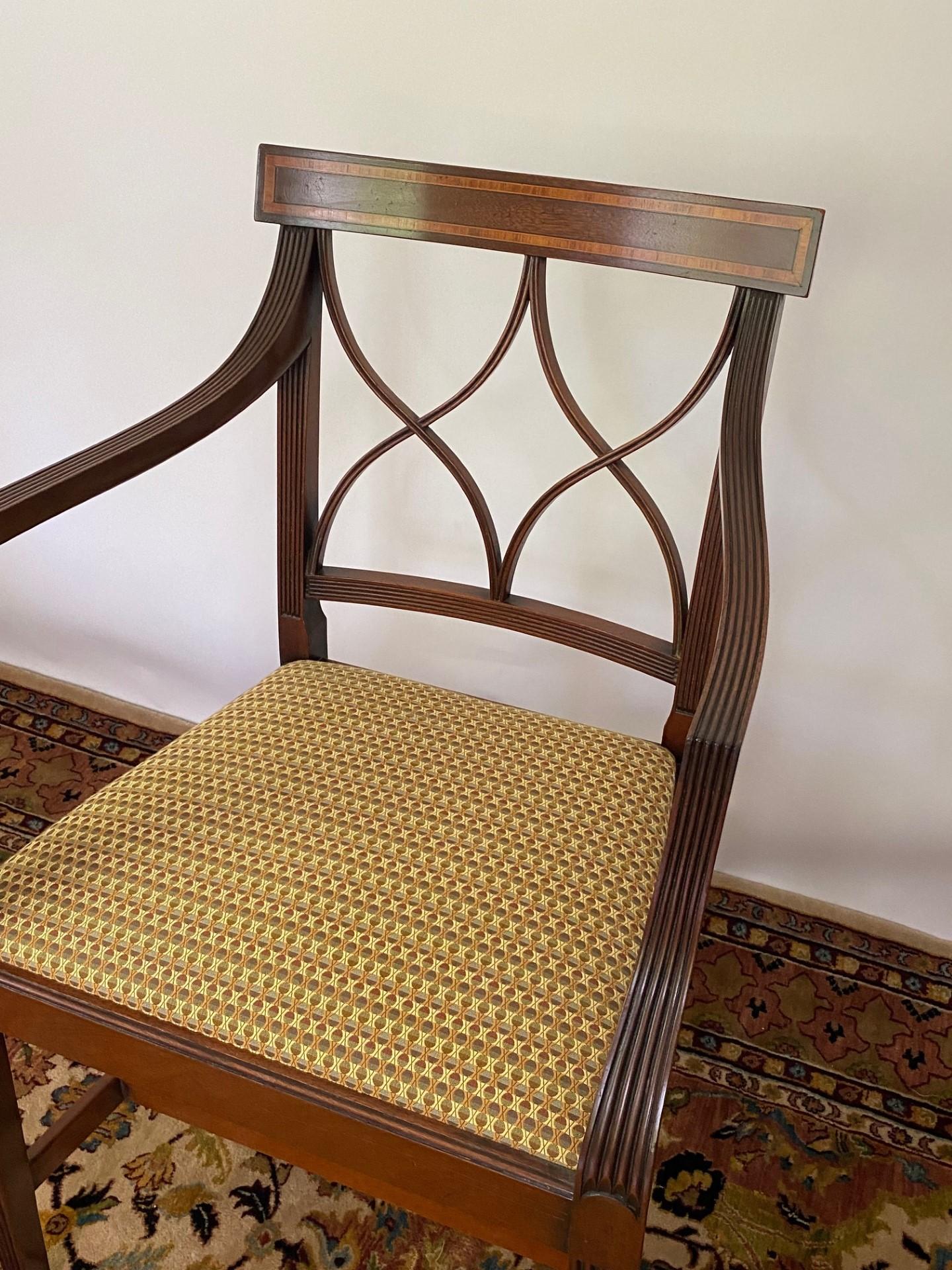 Inlay English-Made Sheraton Style Mahogany Armchair with Tulipwood Inaly. In Stock For Sale