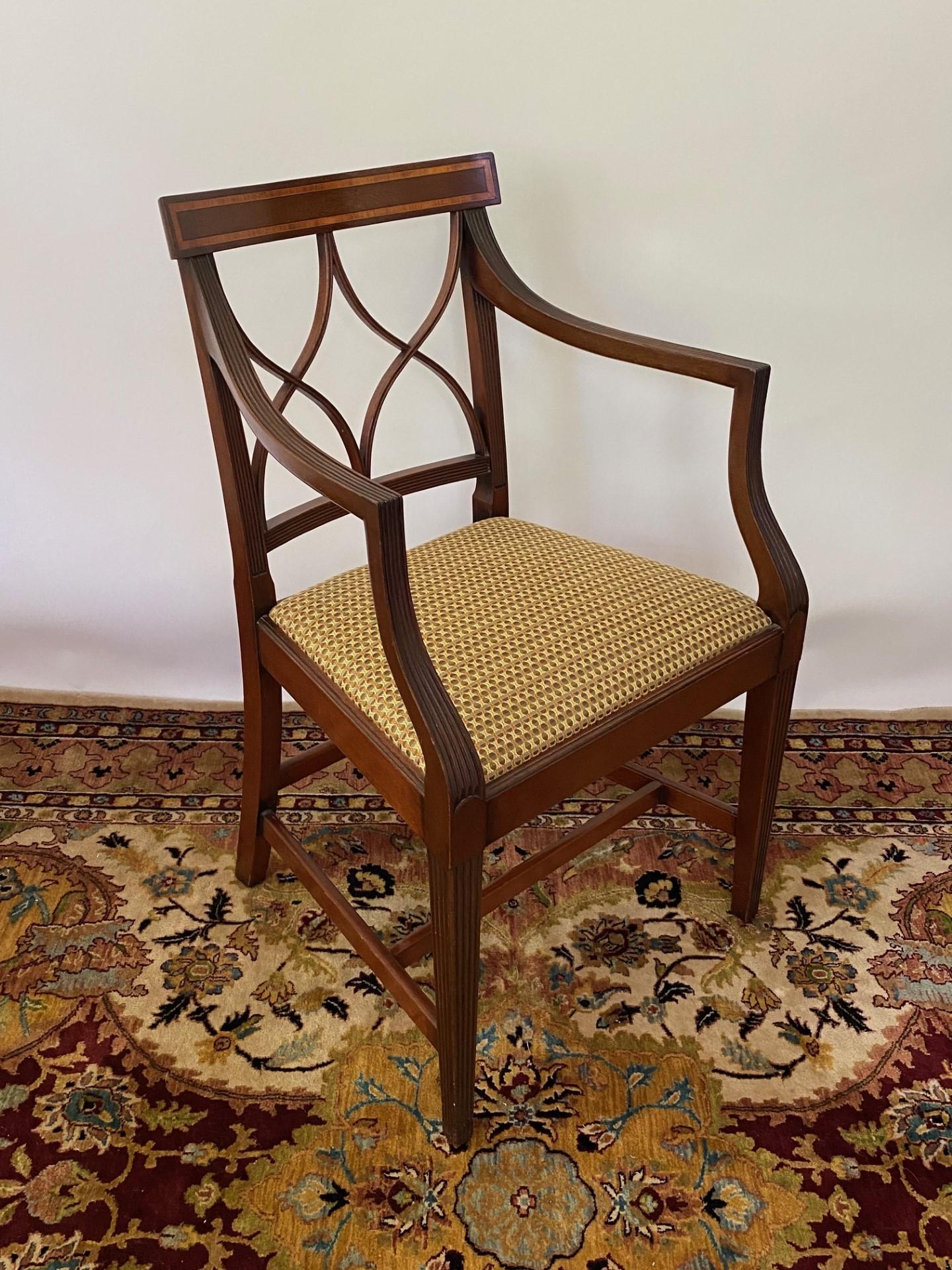 English-Made Sheraton Style Mahogany Armchair with Tulipwood Inaly. In Stock In Excellent Condition For Sale In North Salem, NY