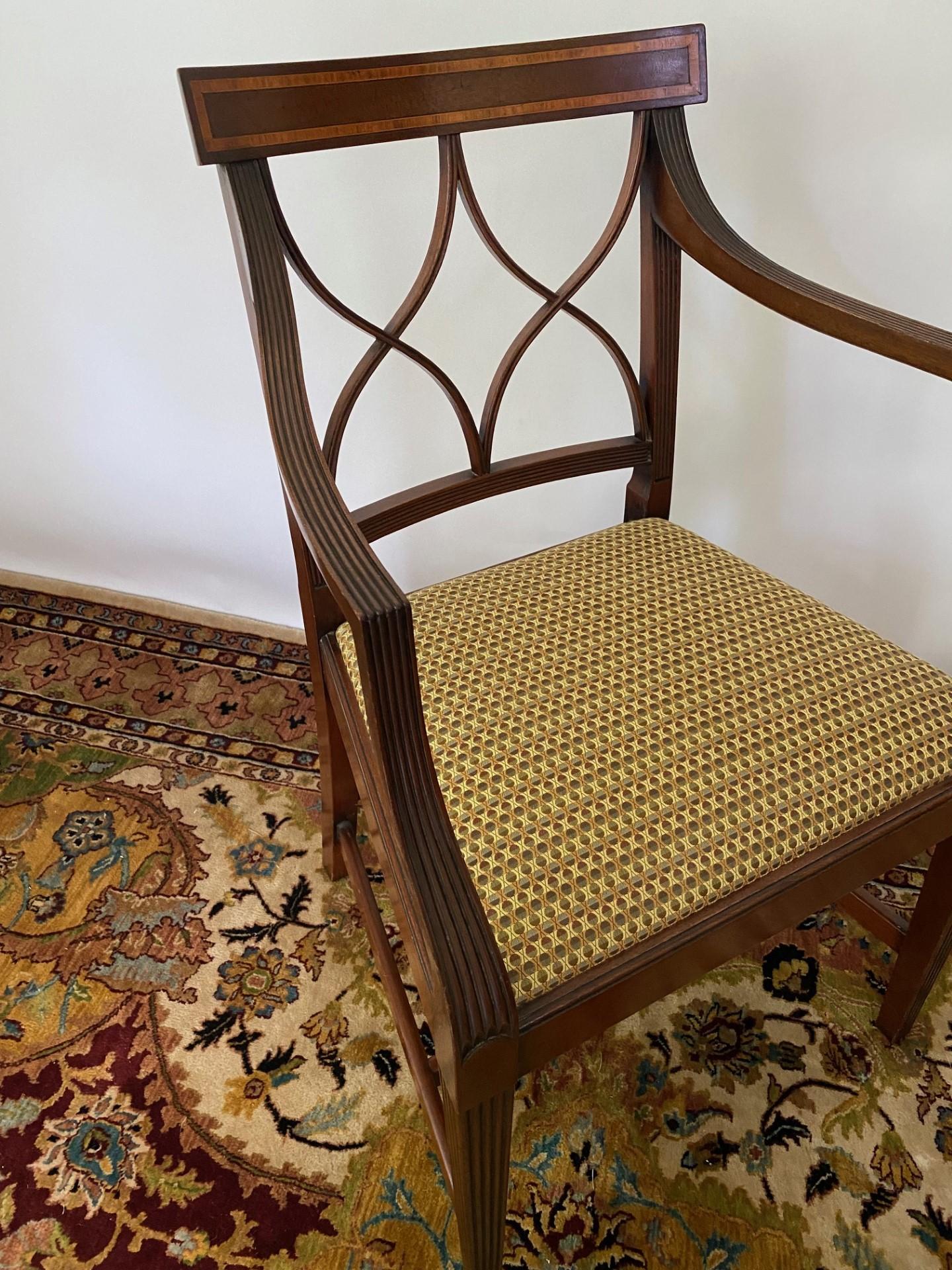 Fabric English-Made Sheraton Style Mahogany Armchair with Tulipwood Inaly. In Stock For Sale