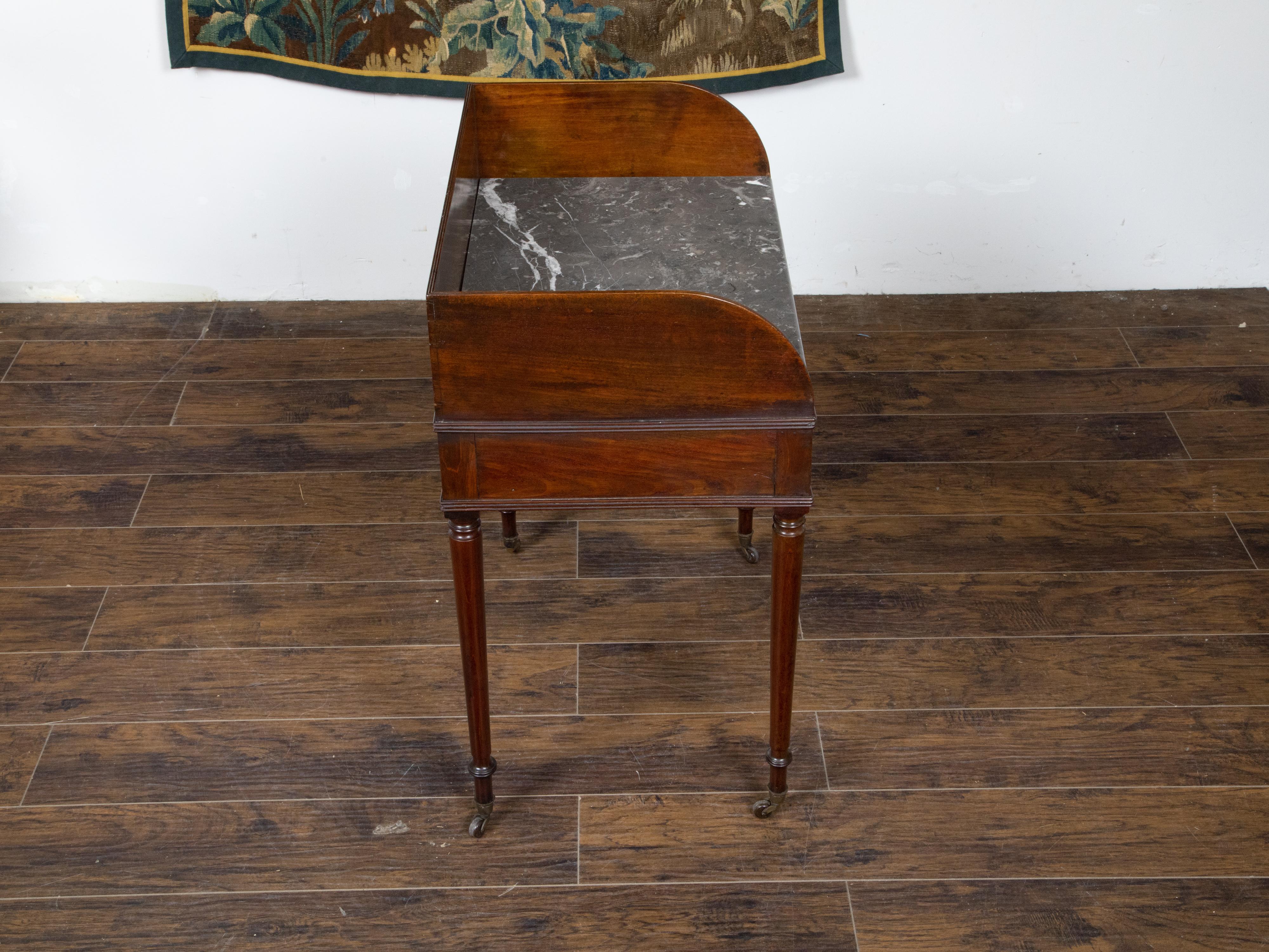 Brass English Mahogany 1840s Washstand Table with Grey Marble Top on Casters