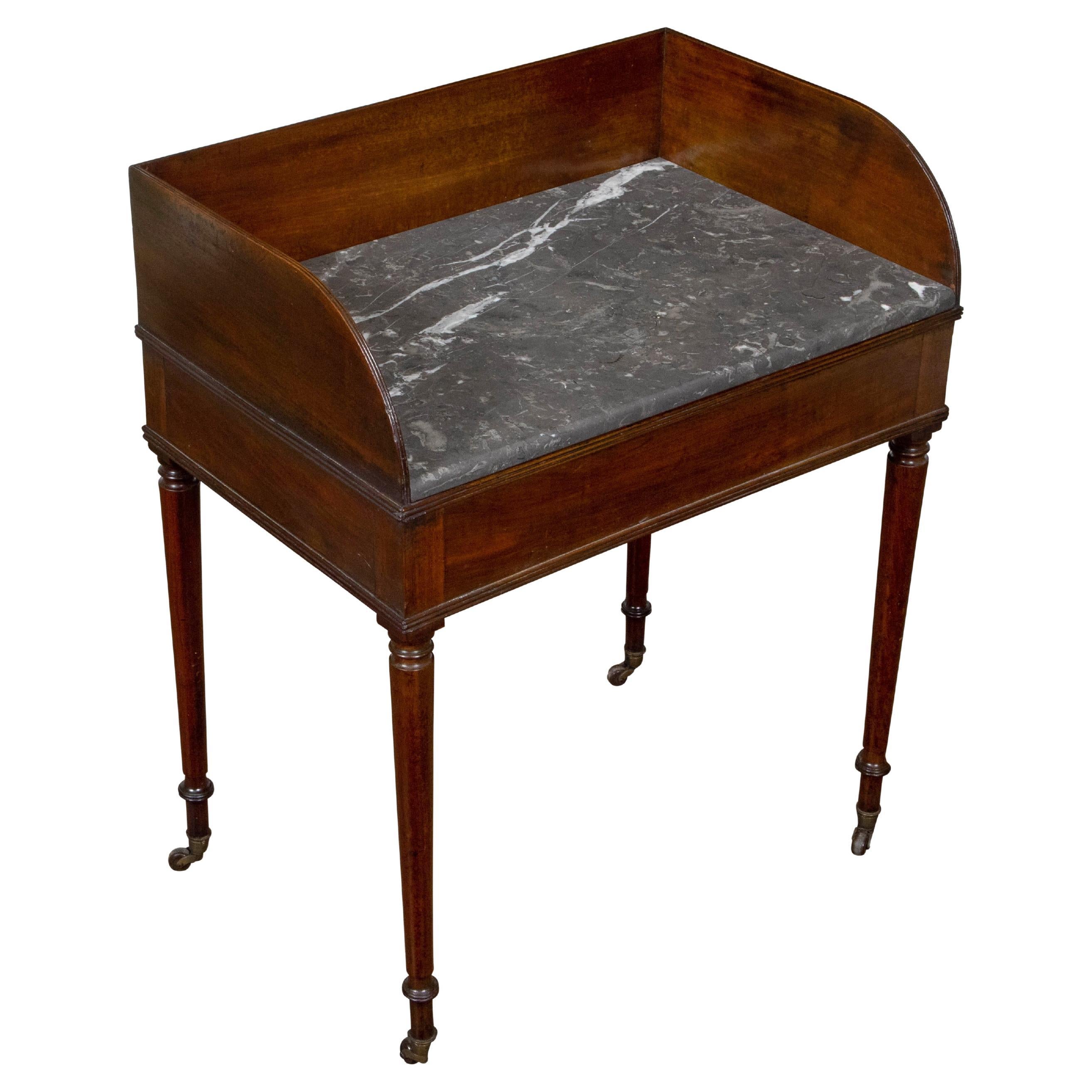 English Mahogany 1840s Washstand Table with Grey Marble Top on Casters