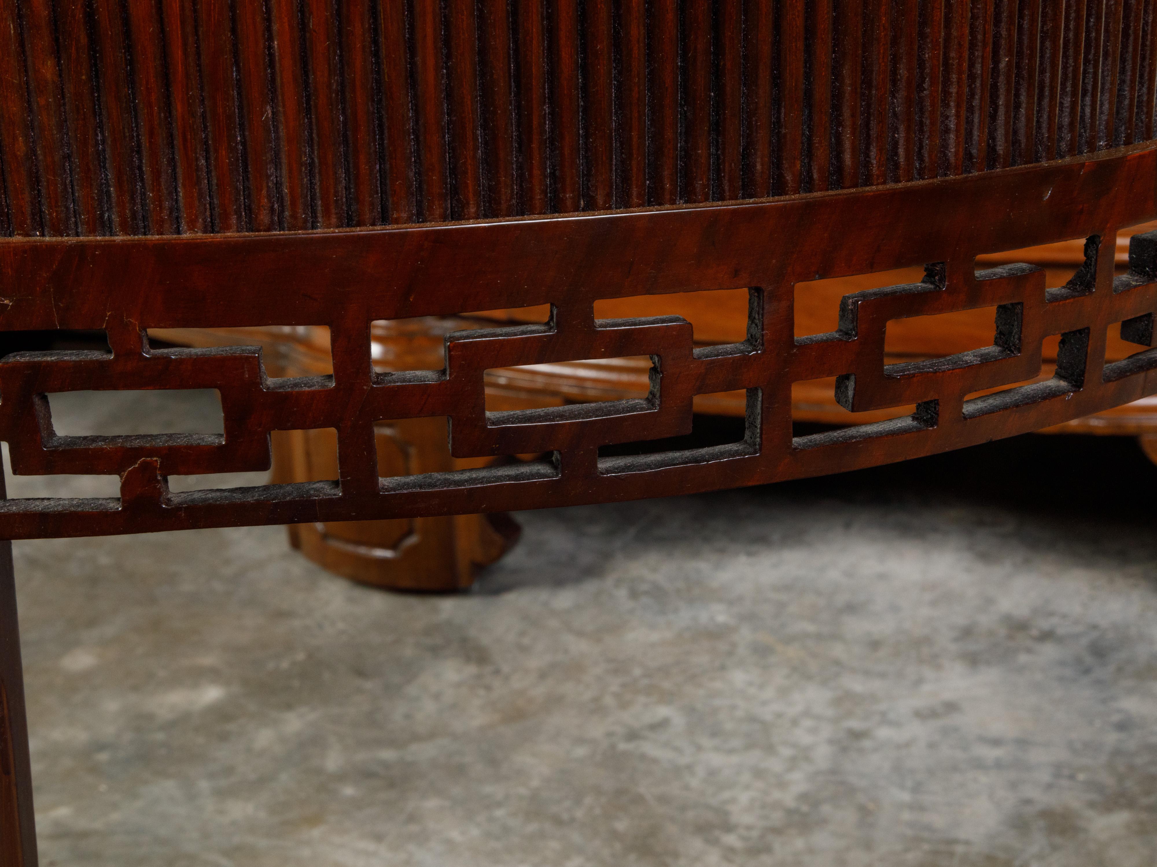 Carved English Mahogany 19th Century Demi-Lune Console Table with Tambour Sliding Doors For Sale
