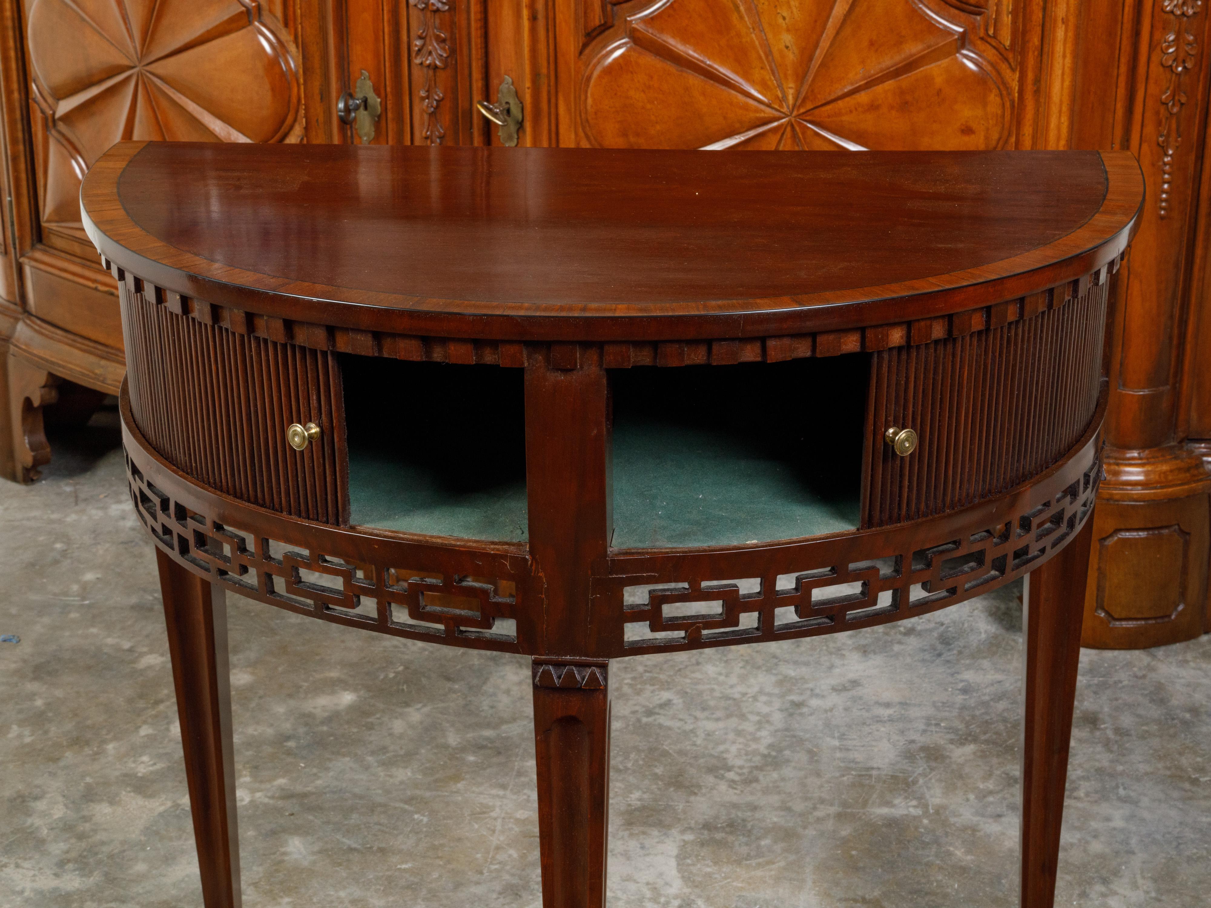 English Mahogany 19th Century Demi-Lune Console Table with Tambour Sliding Doors For Sale 2