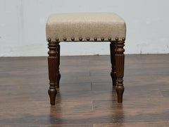 English Mahogany 19th Century Stool with Turned Legs and Custom Linen Upholstery