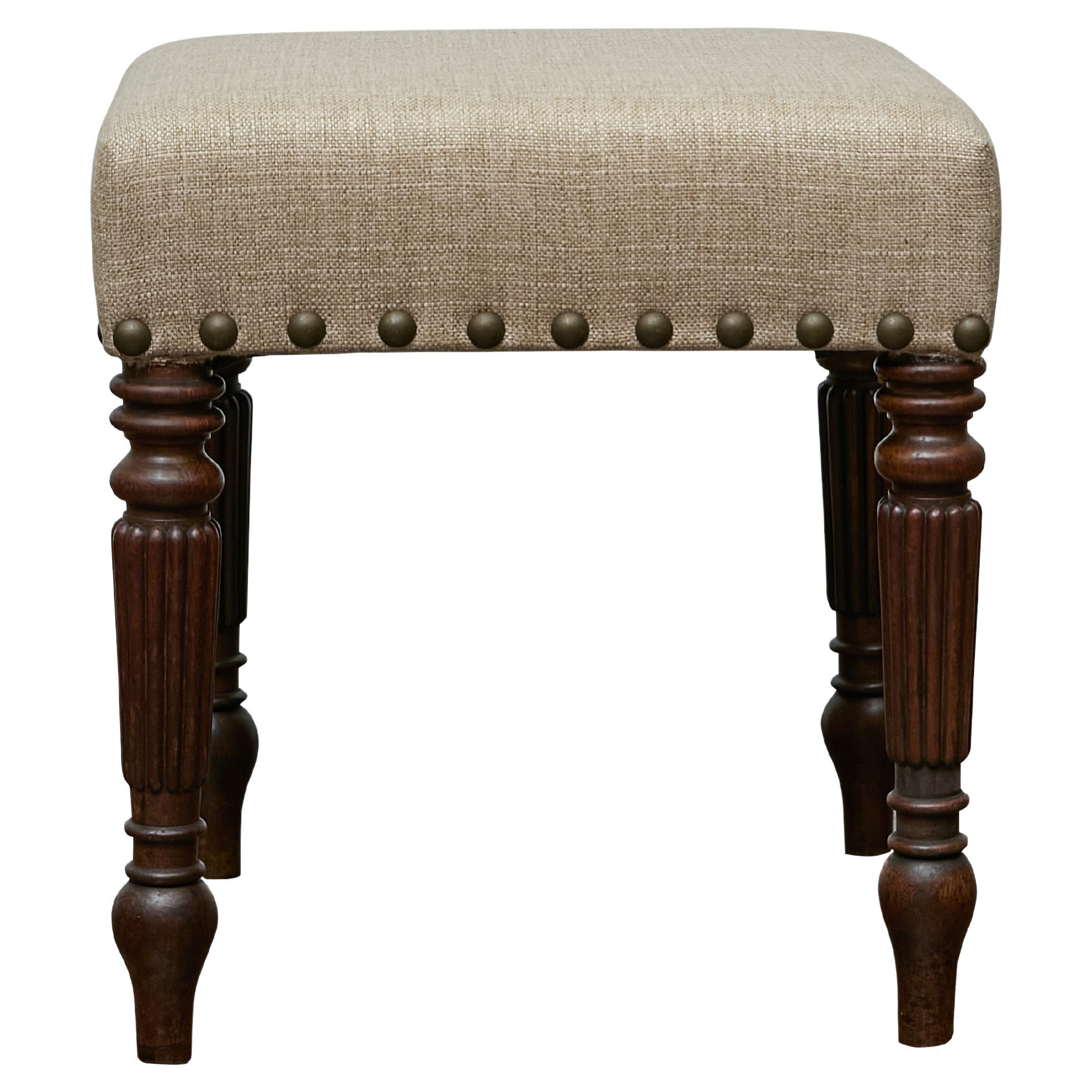 English Mahogany 19th Century Stool with Turned Legs and Custom Linen Upholstery