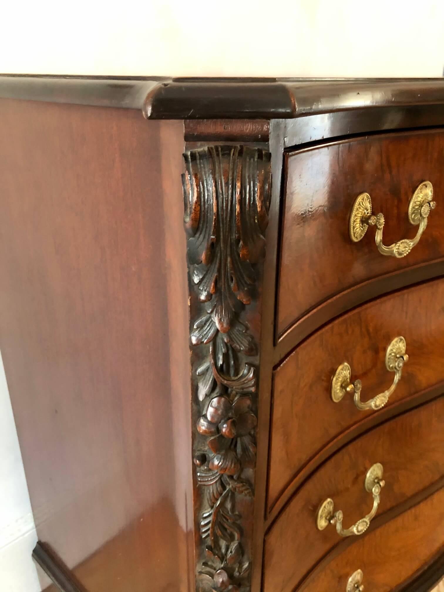 20th Century English George II Chippendale Style Mahogany and Amboyna Chest of Drawers