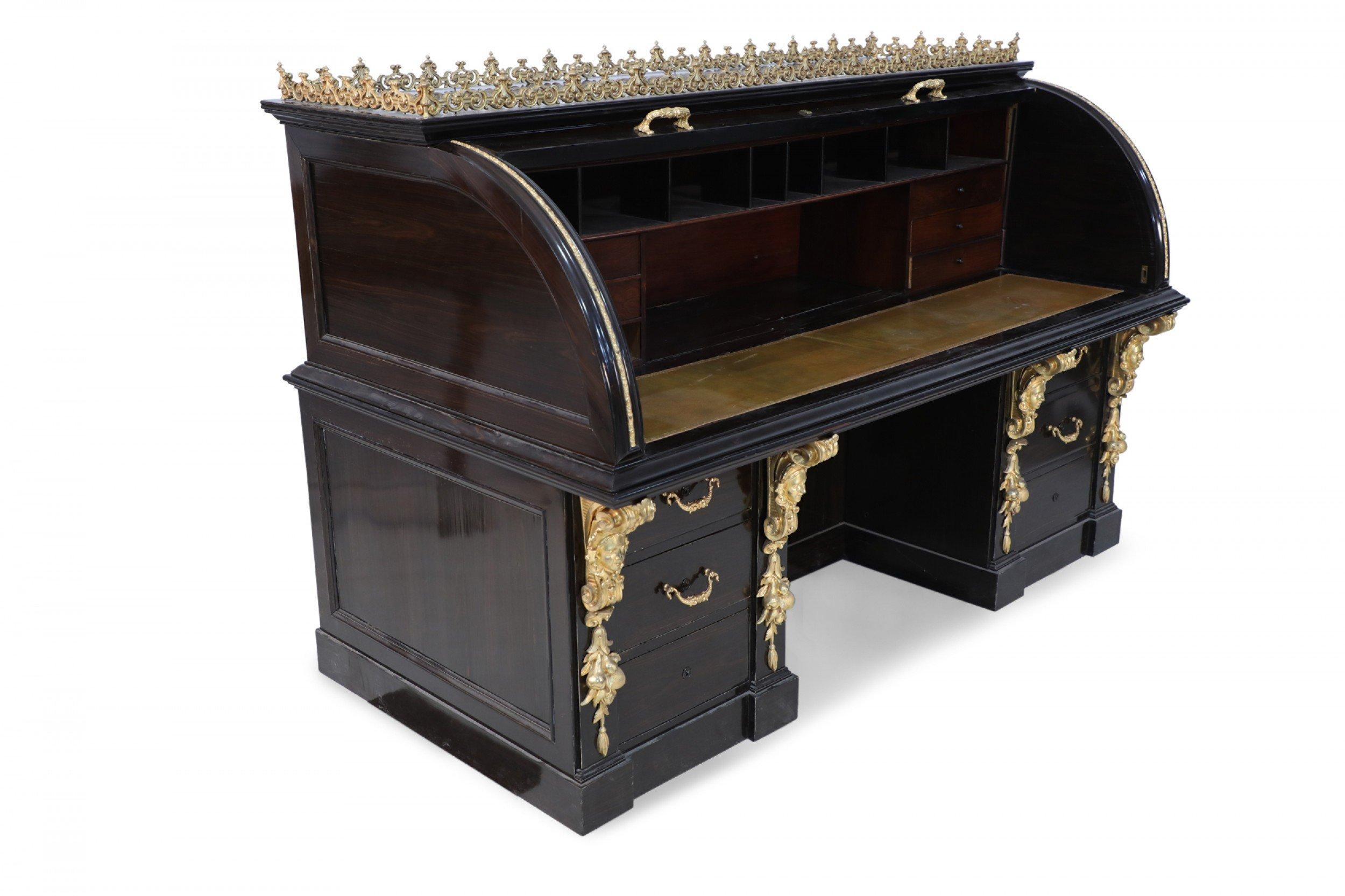 Metal English Mahogany and Gold Accented Roll Top Desk For Sale