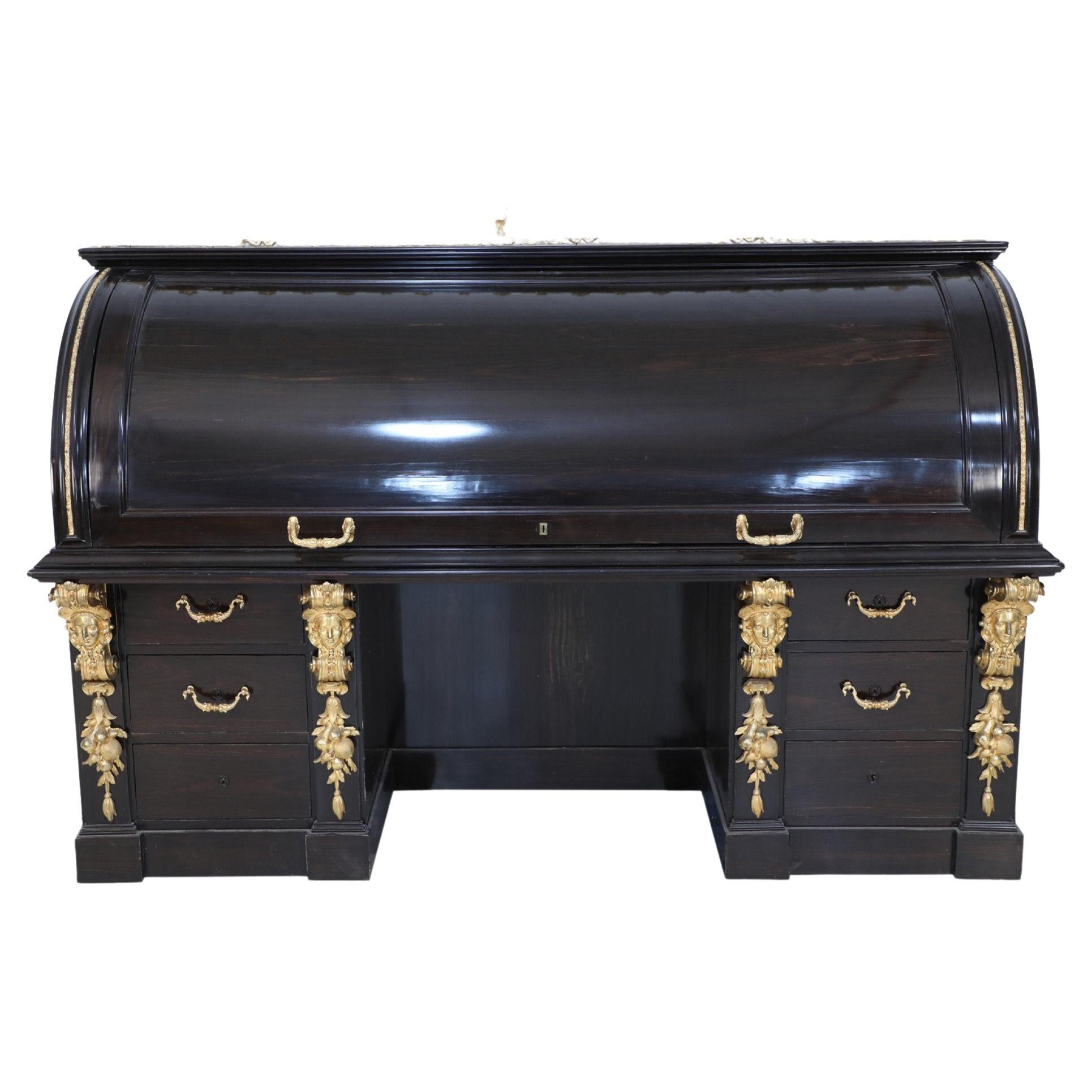 English Mahogany and Gold Accented Roll Top Desk For Sale